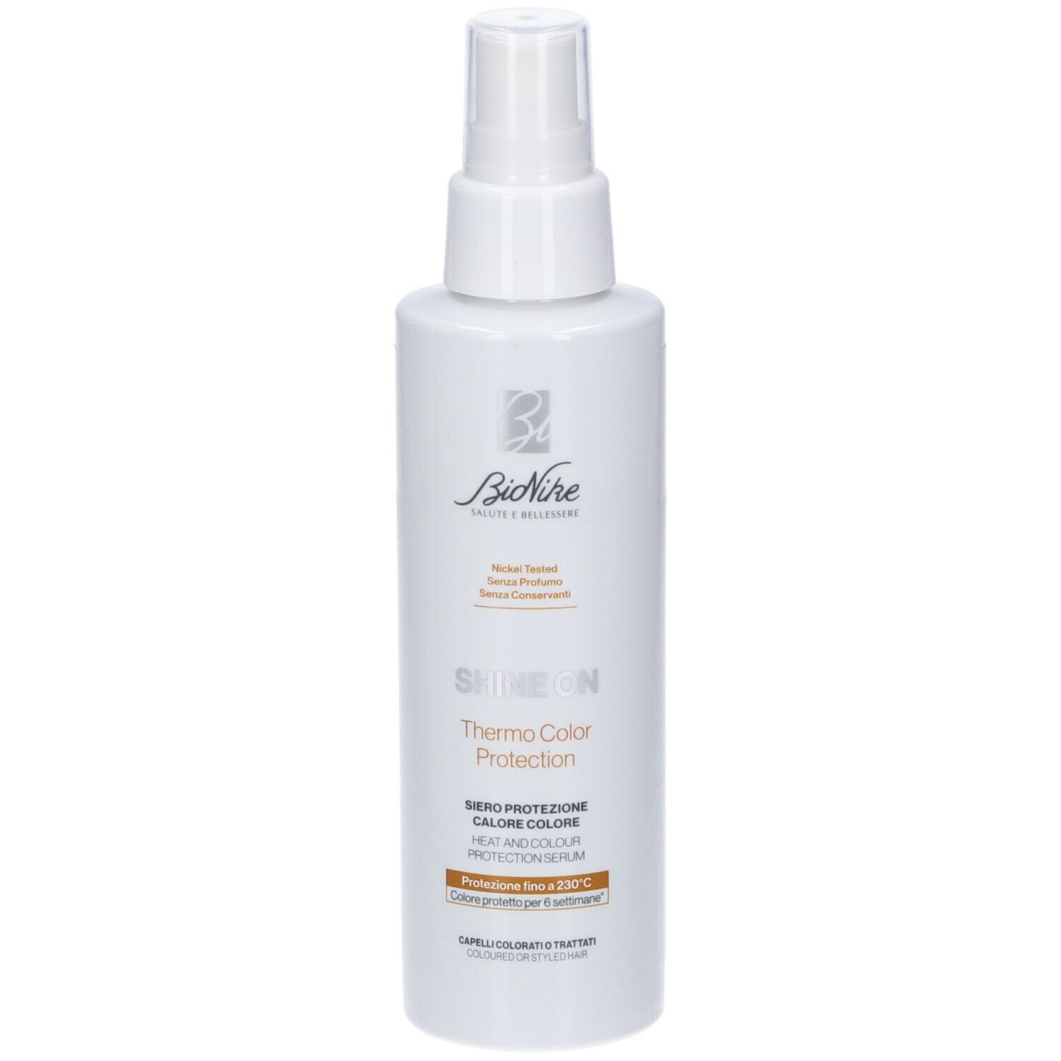 Flacone spray bianco con siero Bionike Shine On Thermo Color Protection. Protegge i capelli dal calore fino a 230°C.