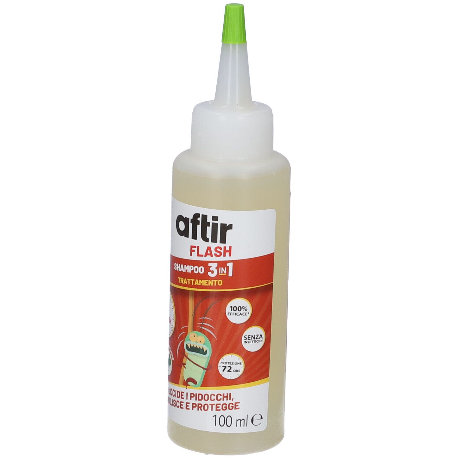 Aftir Flash Shampoo 3in1 Flasche mit grünem Applikator und Etikett mit Produktinformationen.
