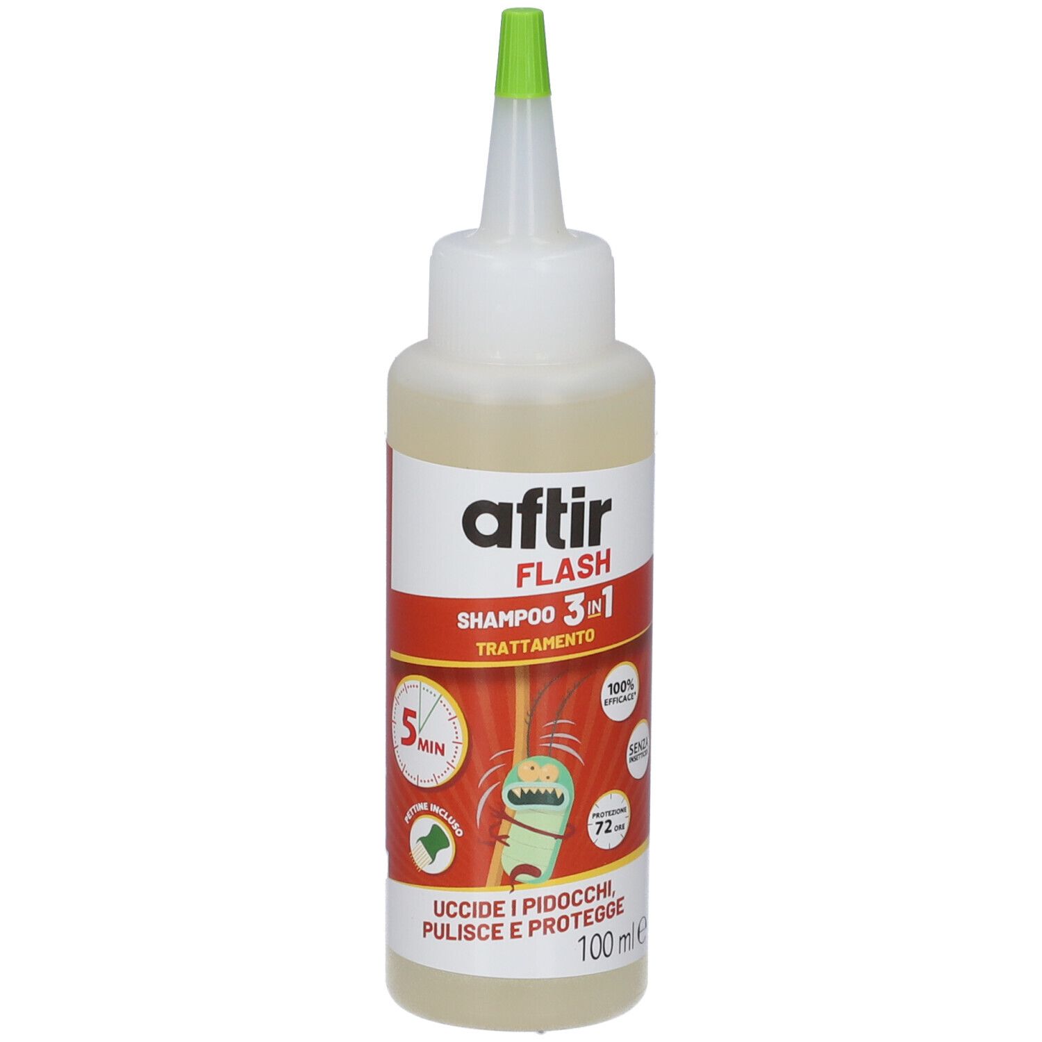 Aftir Flash Shampoo 3in1 Flasche mit grünem Applikator und Etikett mit Produktinformationen.