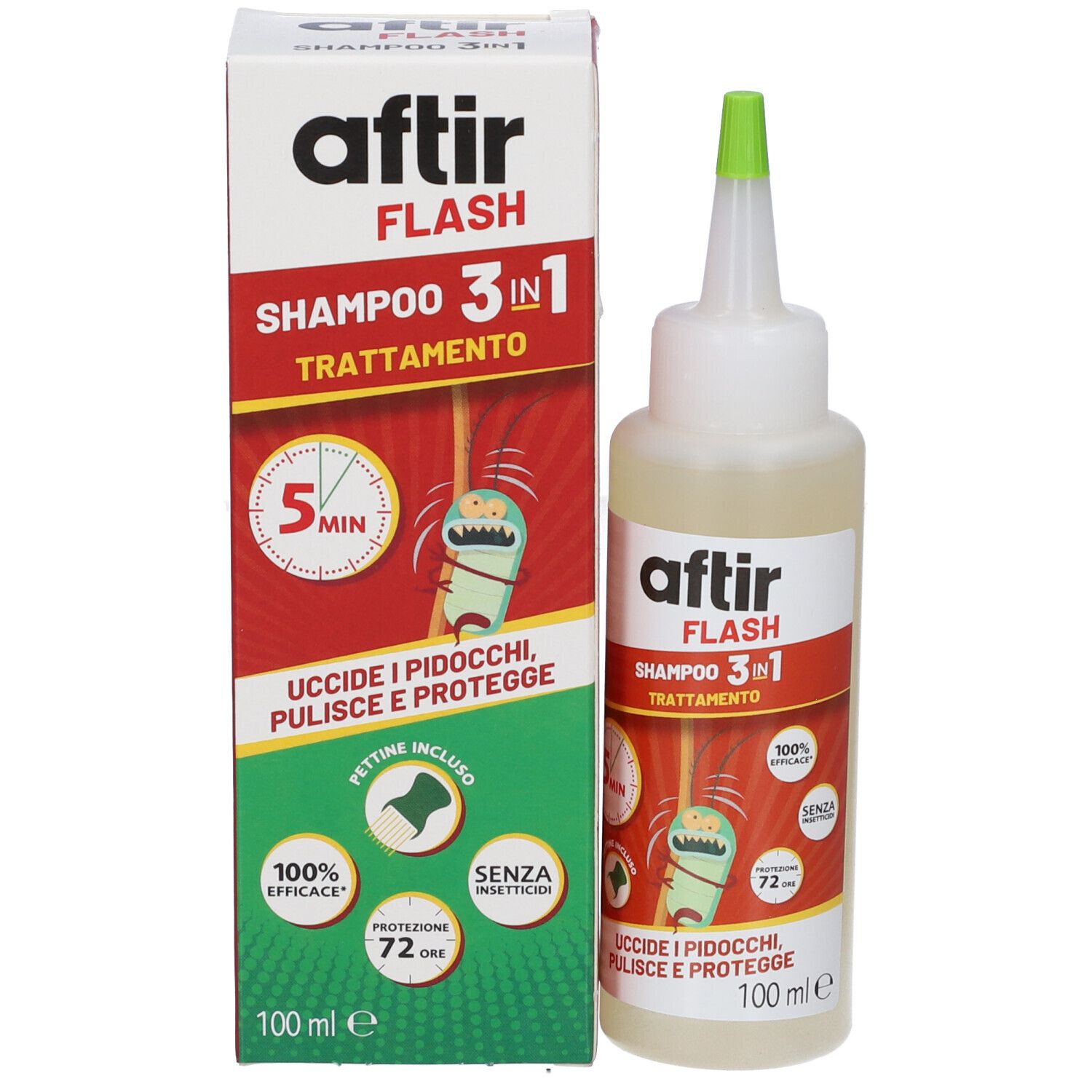 Aftir Flash Shampoo 3in1 Flasche und Verpackungsbox mit Produktinformationen und Illustrationen.
