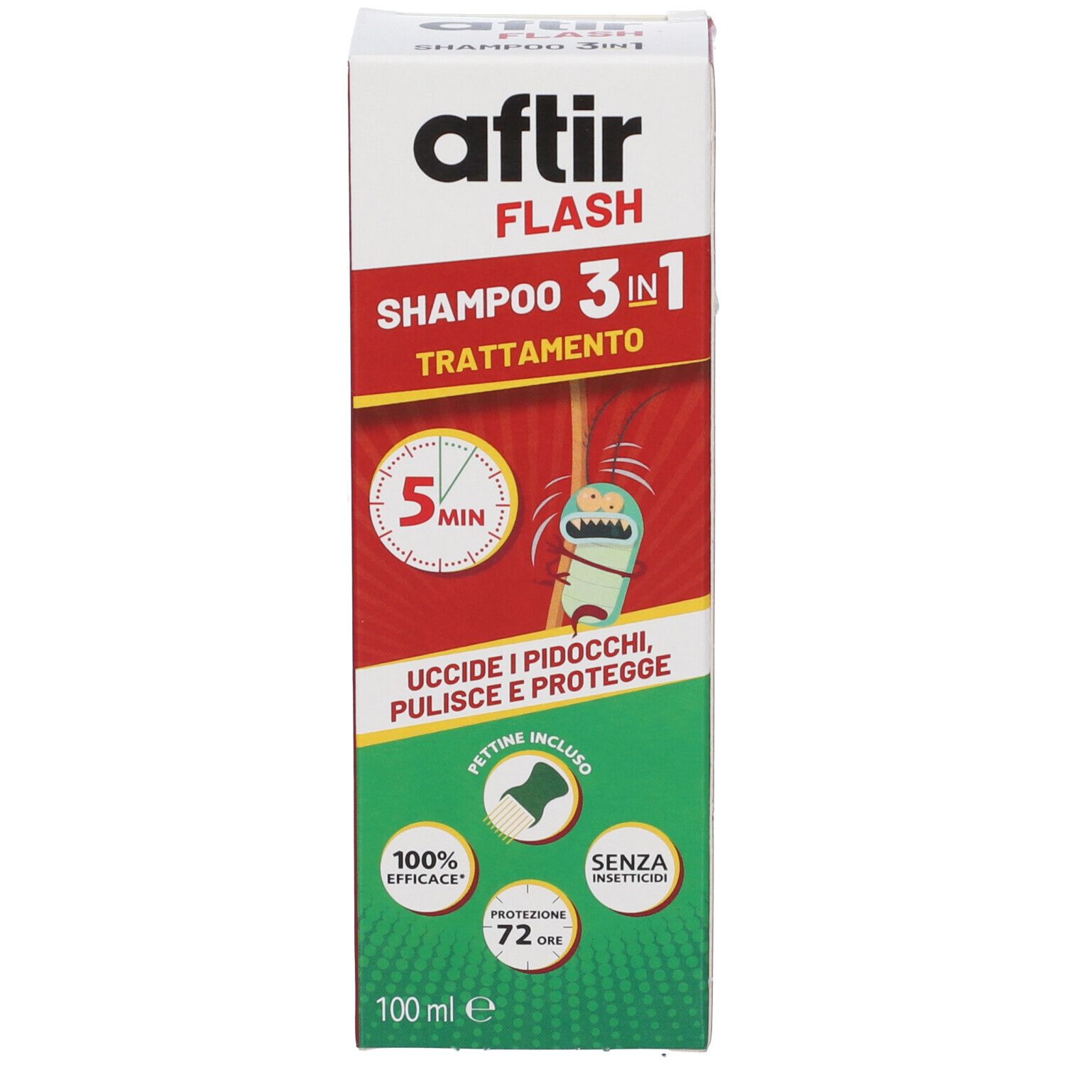 Verpackungsbox Aftir Flash Shampoo 3in1 mit Produktinformationen, Illustrationen und 100 ml Angabe.