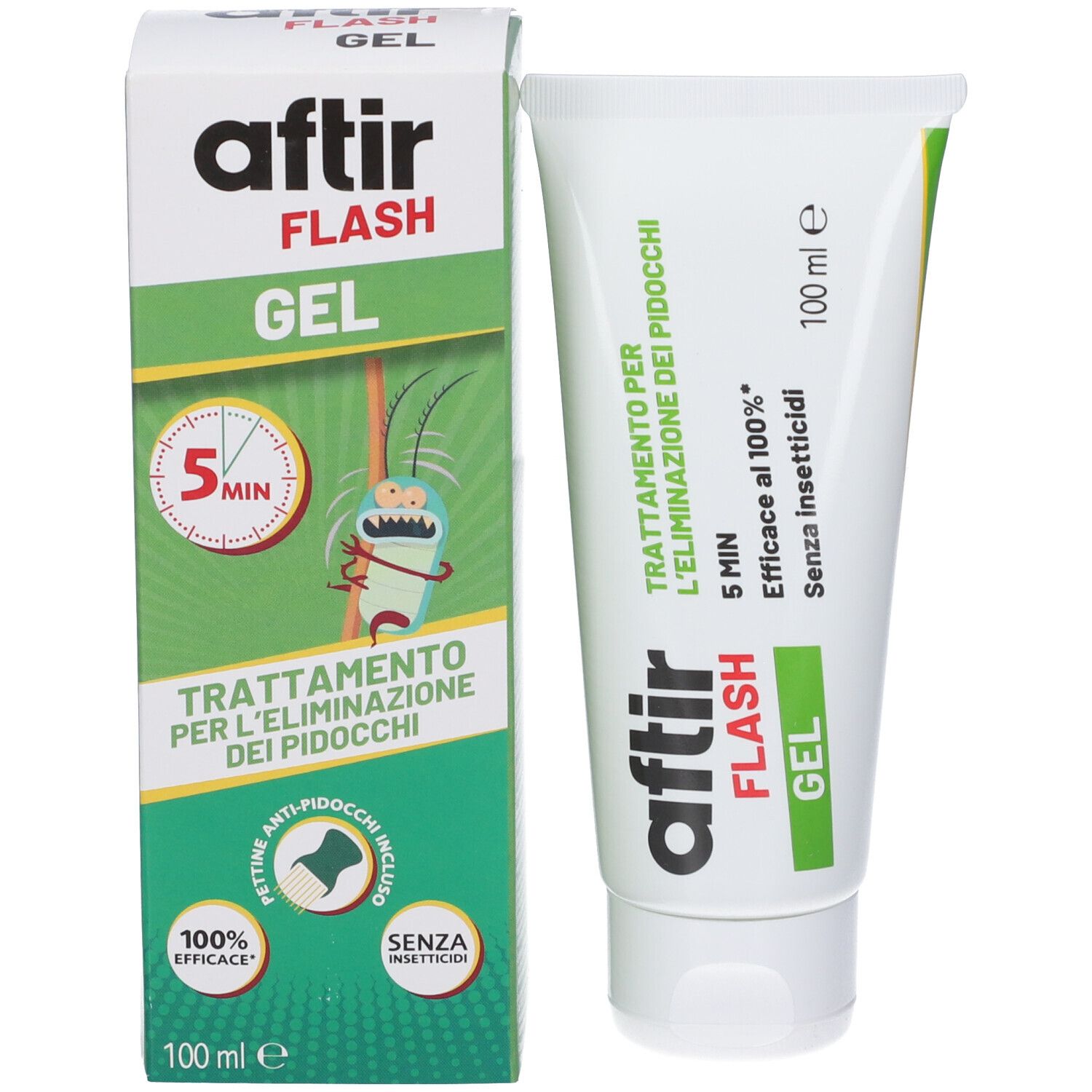 Tubo e scatola Aftir Flash Gel, 100 ml. Per il trattamento dei pidocchi.