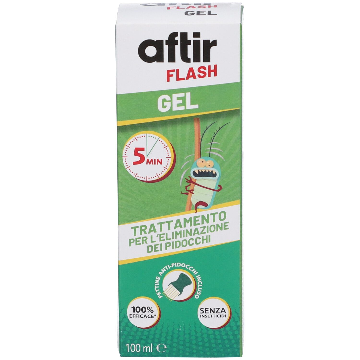 Aftir Flash Gel: confezione da 100 ml per il trattamento dei pidocchi, azione in 5 minuti, senza insetticidi.