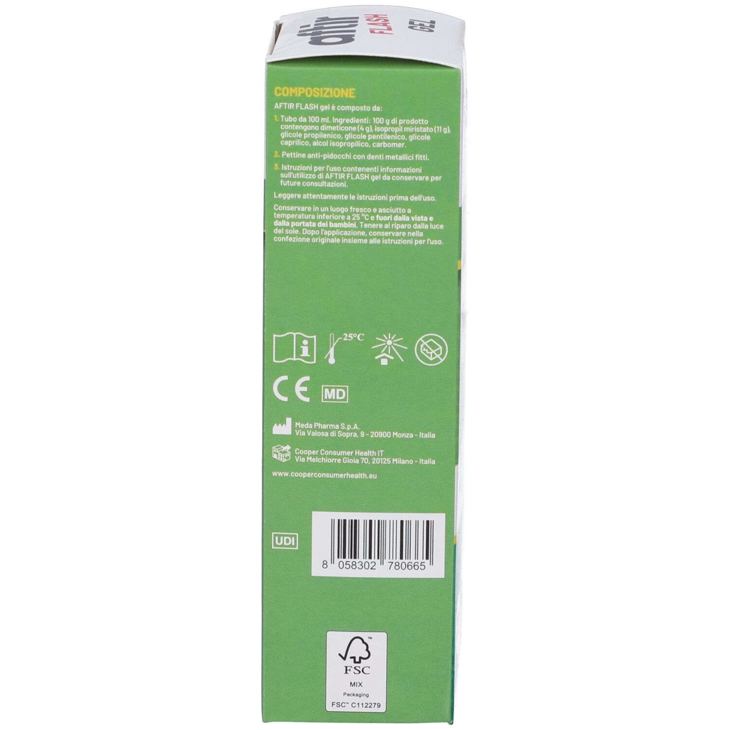 Confezione verde con testo e simboli, marchi CE e MD, codice a barre e logo FSC.