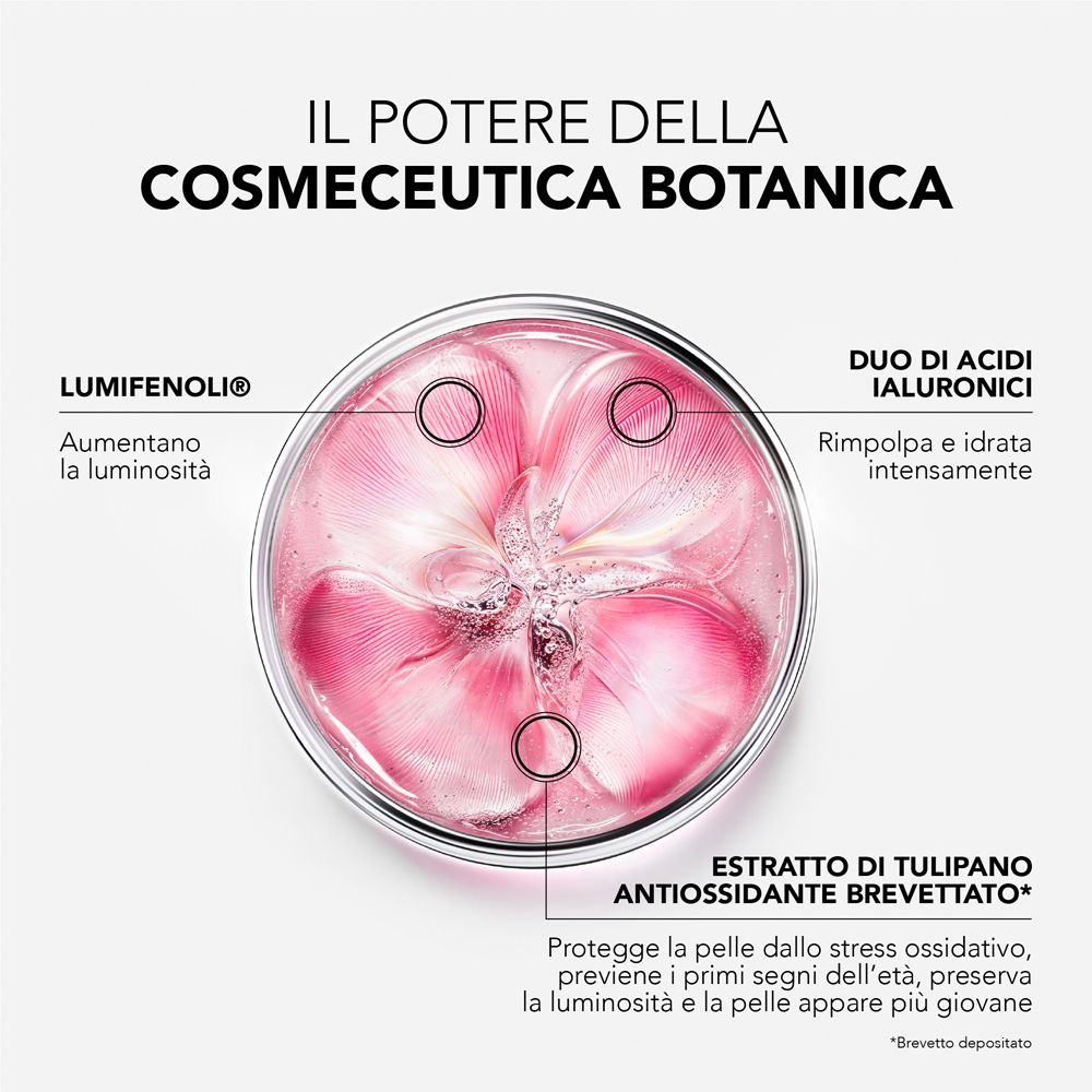 Liquido rosa con petali in un contenitore di vetro. Testo: Lumifenoli, acido ialuronico, estratto di tulipano.