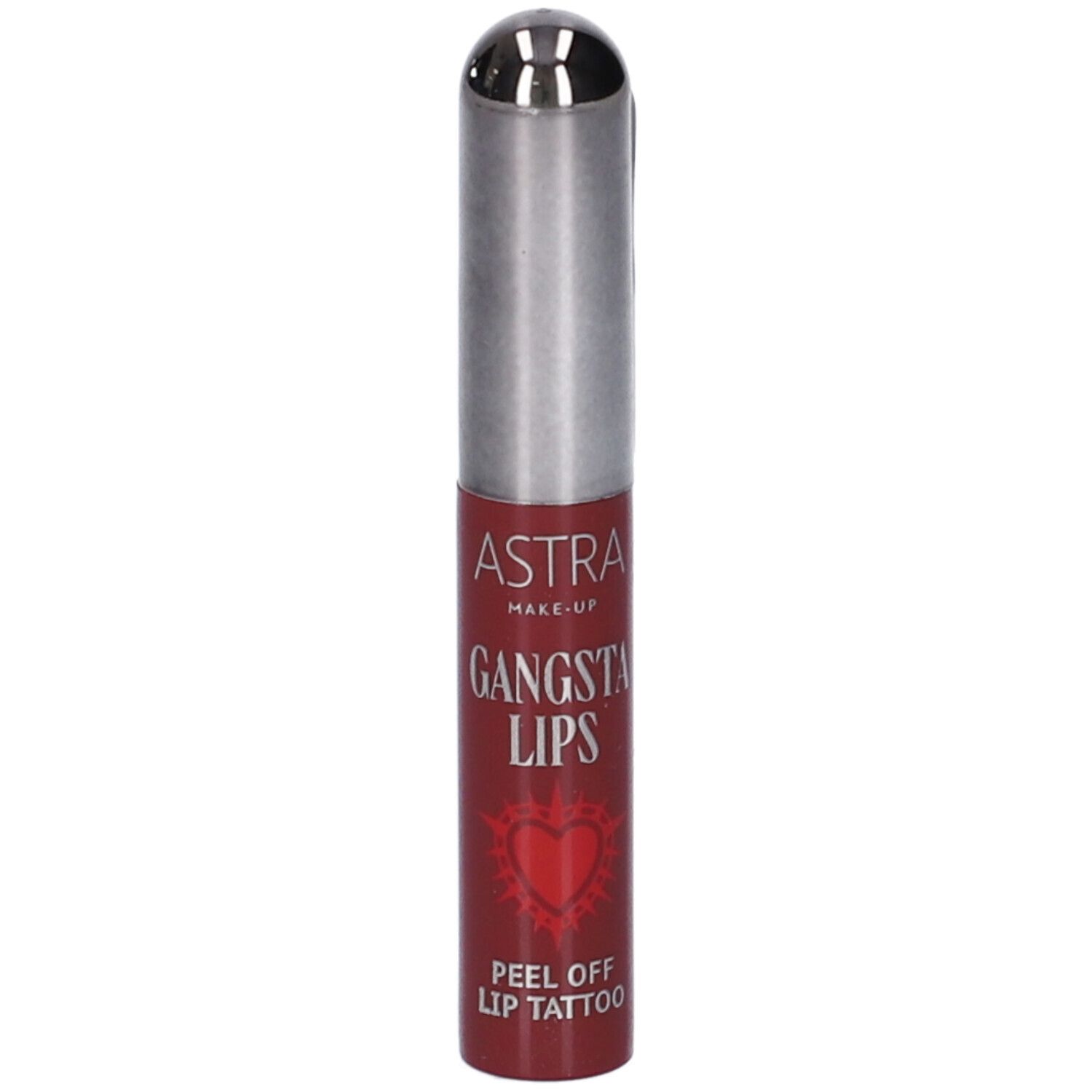 Astra Make-Up Gangsta Lips Peel Off Lip Tattoo in confezione rosso scuro con applicatore argentato.