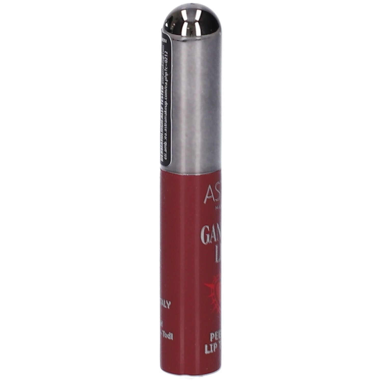 Rossetto rosso con applicatore argentato e cappuccio argentato. Testo sul tubetto: 'AS', 'GANZ', 'LIP'.