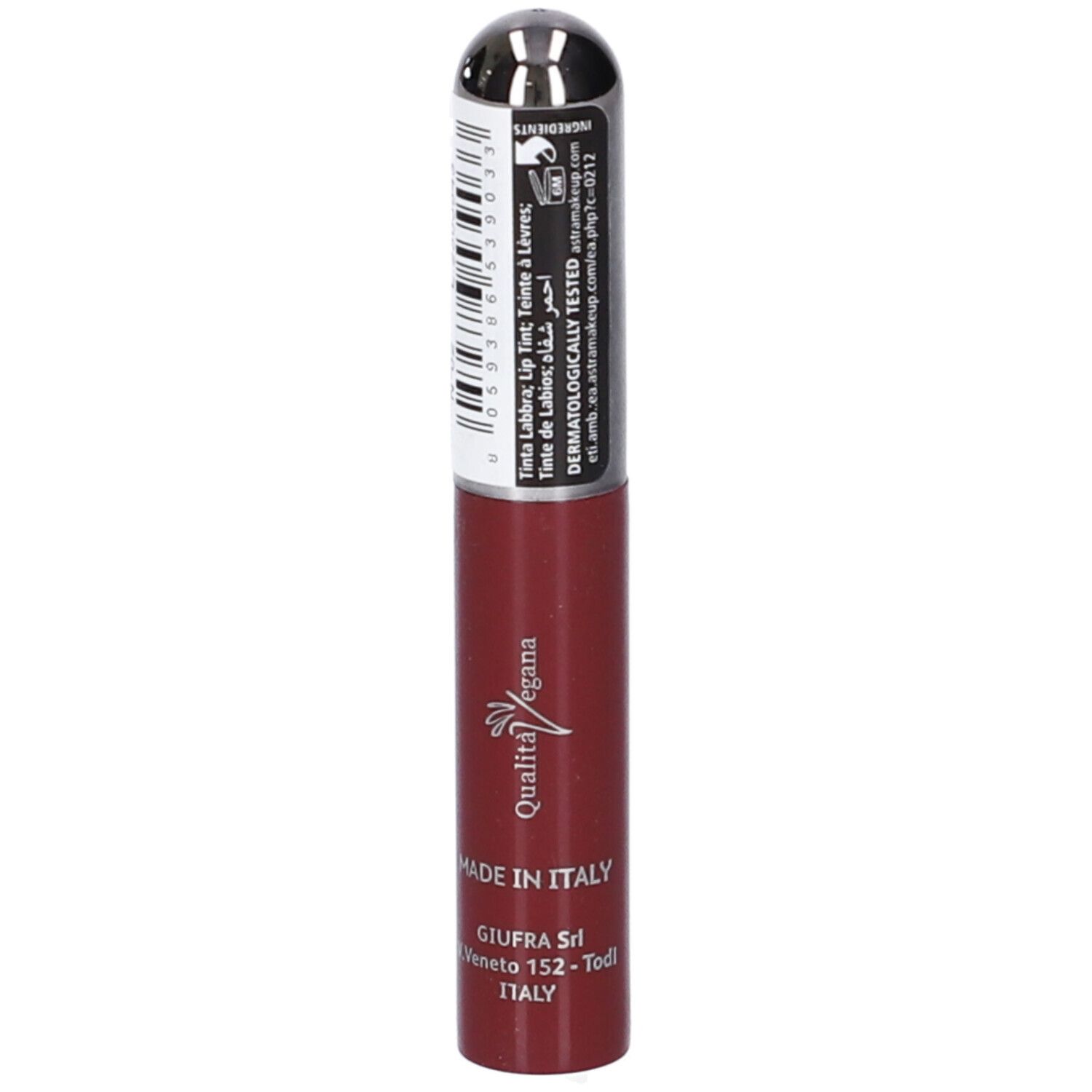 Rossetto color vinaccia con applicatore argentato. "Qualità Vegana" e "Made in Italy" stampati sul tubetto.