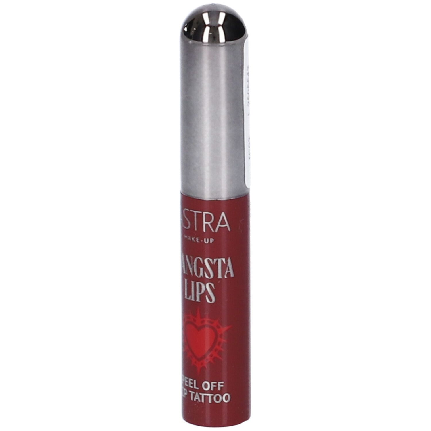 Rossetto rosso con applicatore argentato e tappo argentato. Etichetta: 'STRA MAKE-UP', 'ANGSTA LIPS', 'PEEL OFF LIP TATTOO'.