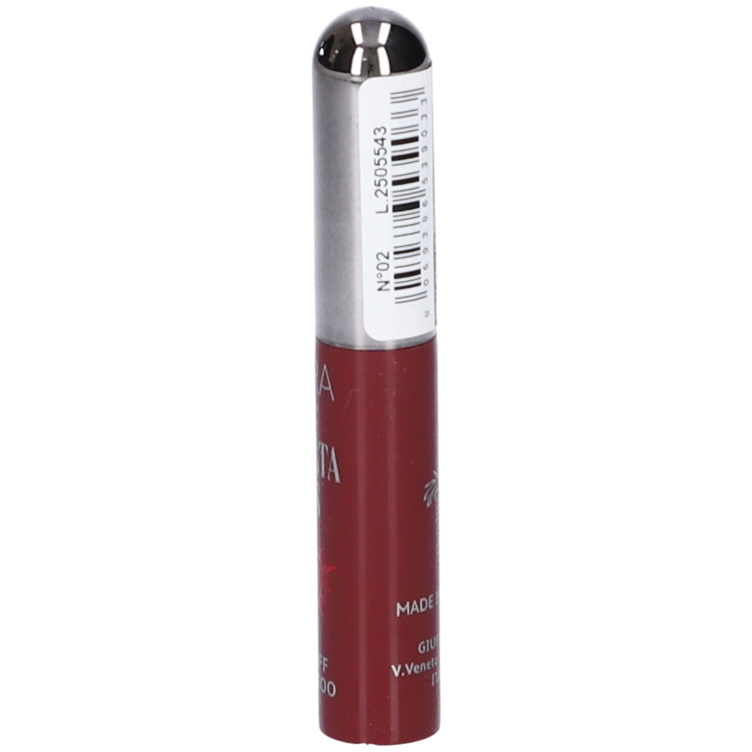 Prodotto labbra rosso scuro in applicatore argentato con cappuccio argentato ed etichetta codice a barre.