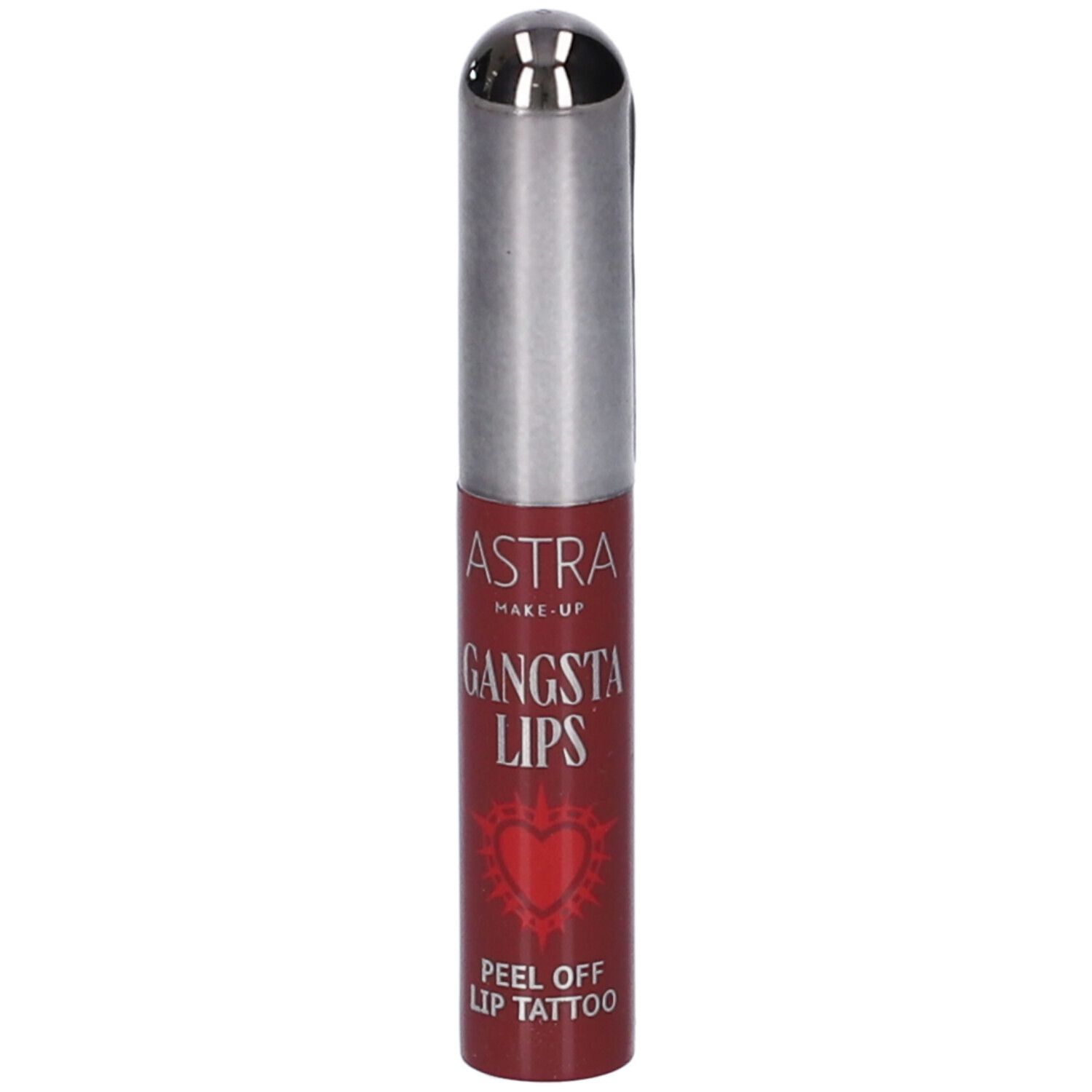 Astra Make-Up Gangsta Lips Peel Off Lip Tattoo in confezione rosso scuro con applicatore argentato.