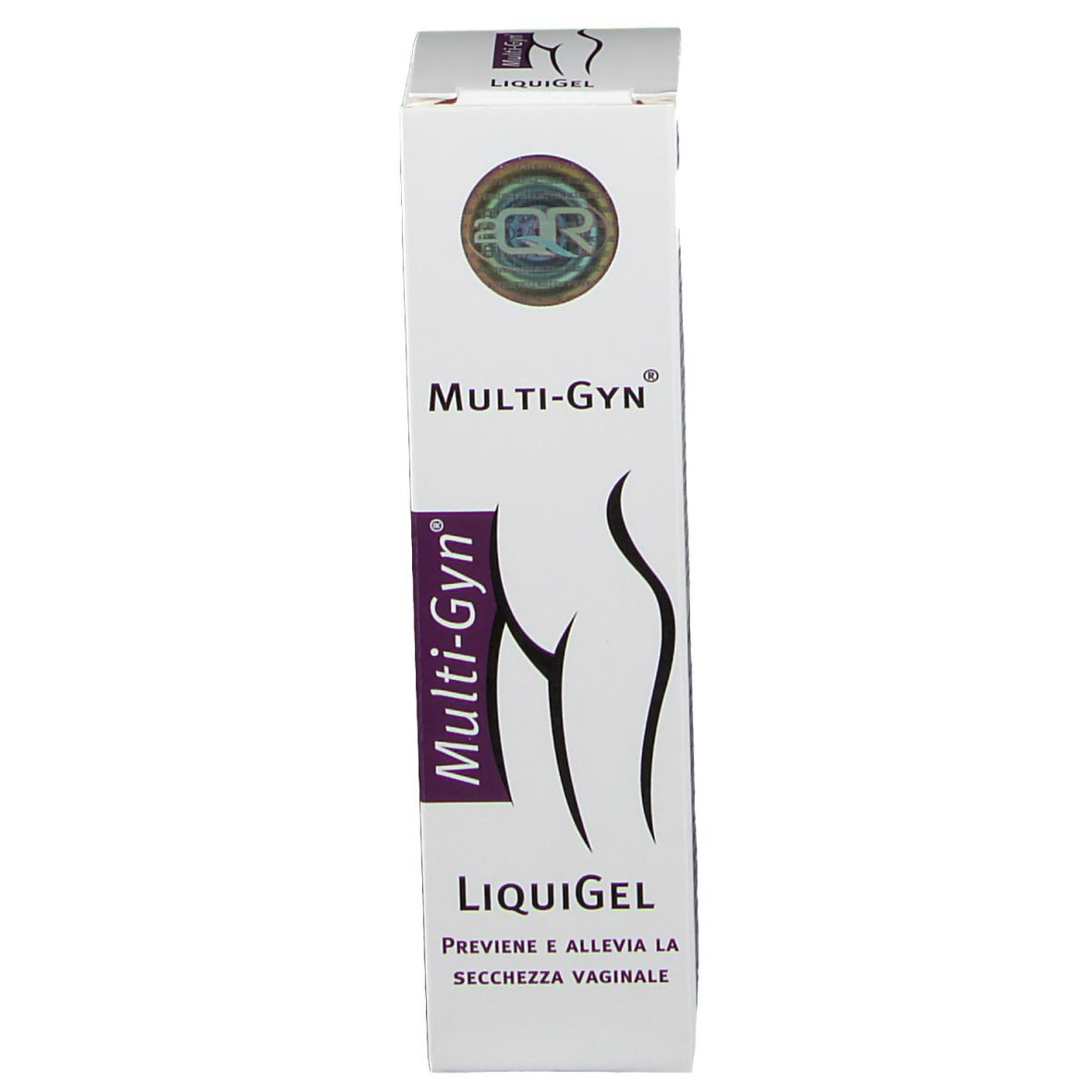 Scatola di Multi-Gyn Liquigel. Logo: Multi-Gyn. Illustrazione di una silhouette femminile. Testo: Previeni e allevia la secchezza vaginale.