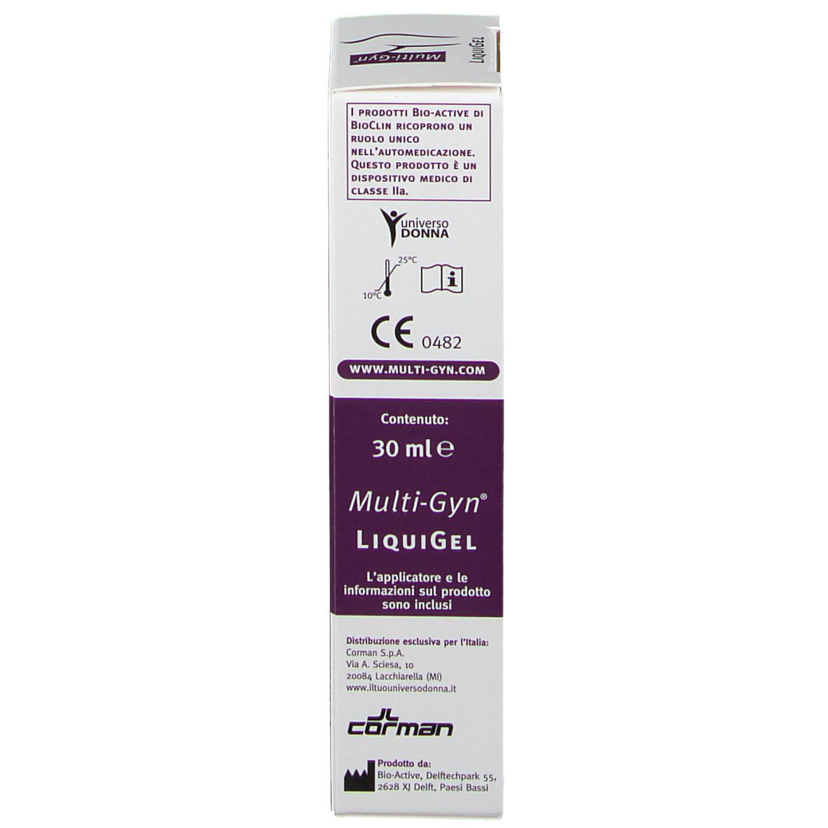 Retro della scatola Multi-Gyn Liquigel. Testo: 30 ml. Logo: CE 0482. Informazioni del produttore.