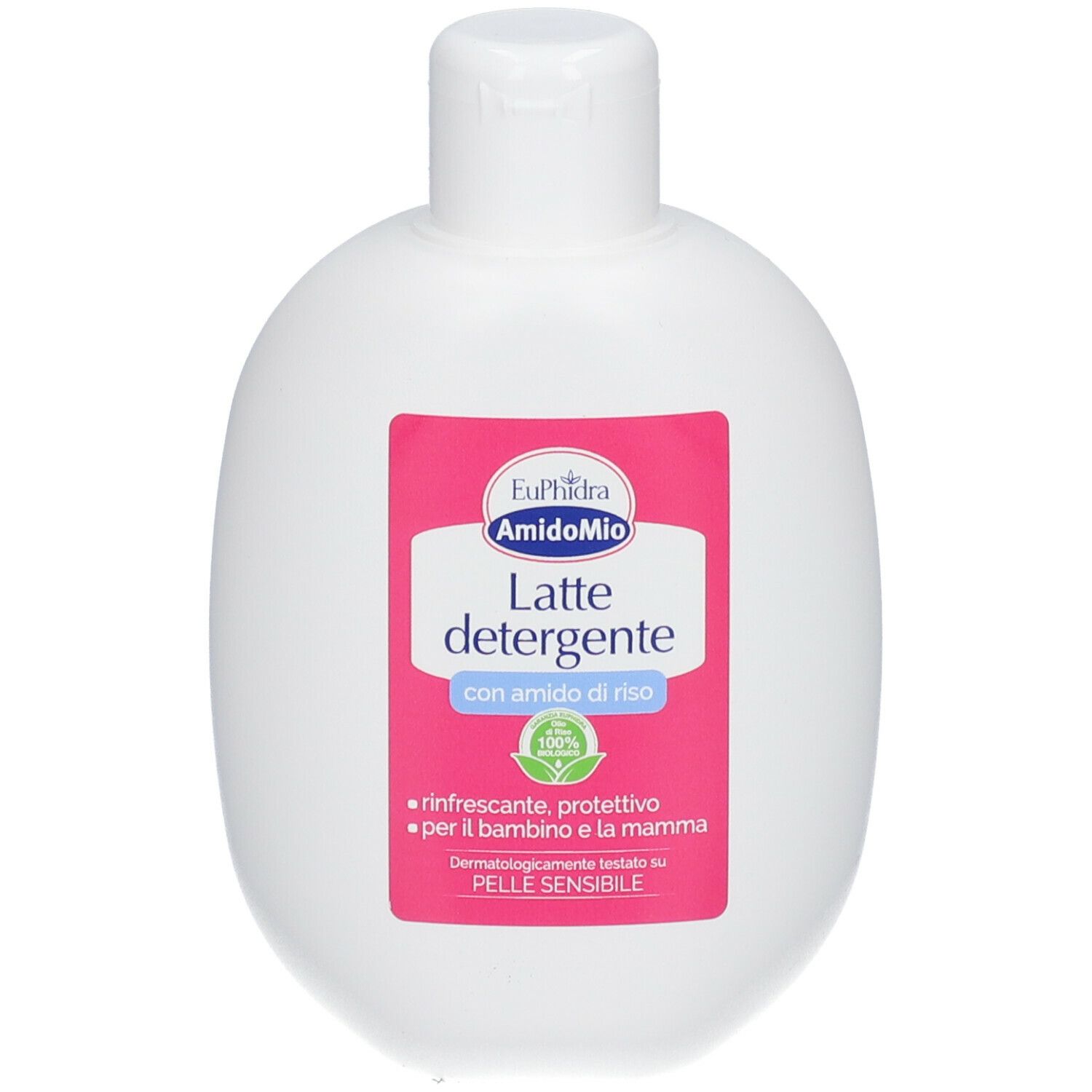 Flacone bianco EuPhidra AmidoMio. Scritta: Latte detergente, con amido di riso. 100% biologico. Tappo bianco.