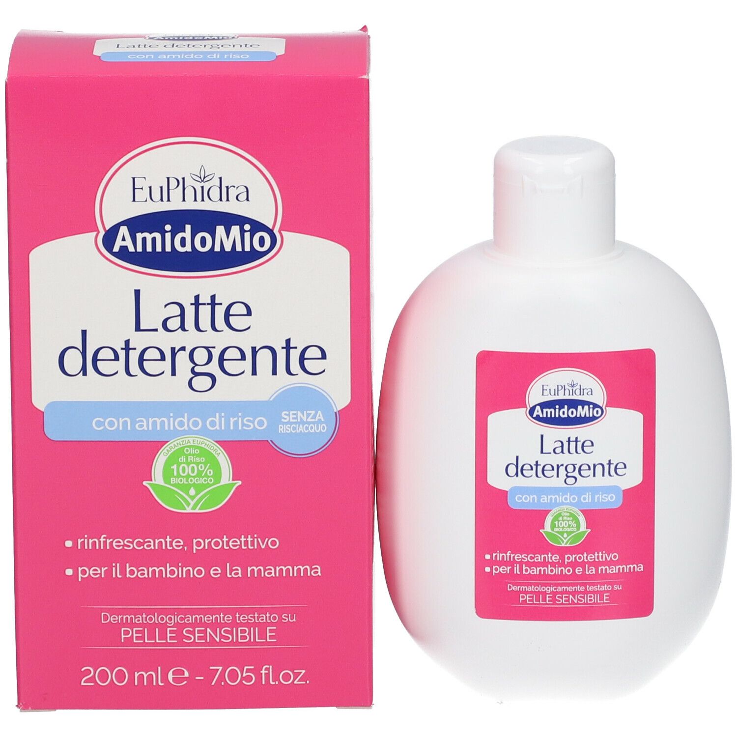 Flacone e scatola EuPhidra AmidoMio. Scritta: Latte detergente, con amido di riso. 100% biologico. Rosa e bianco.