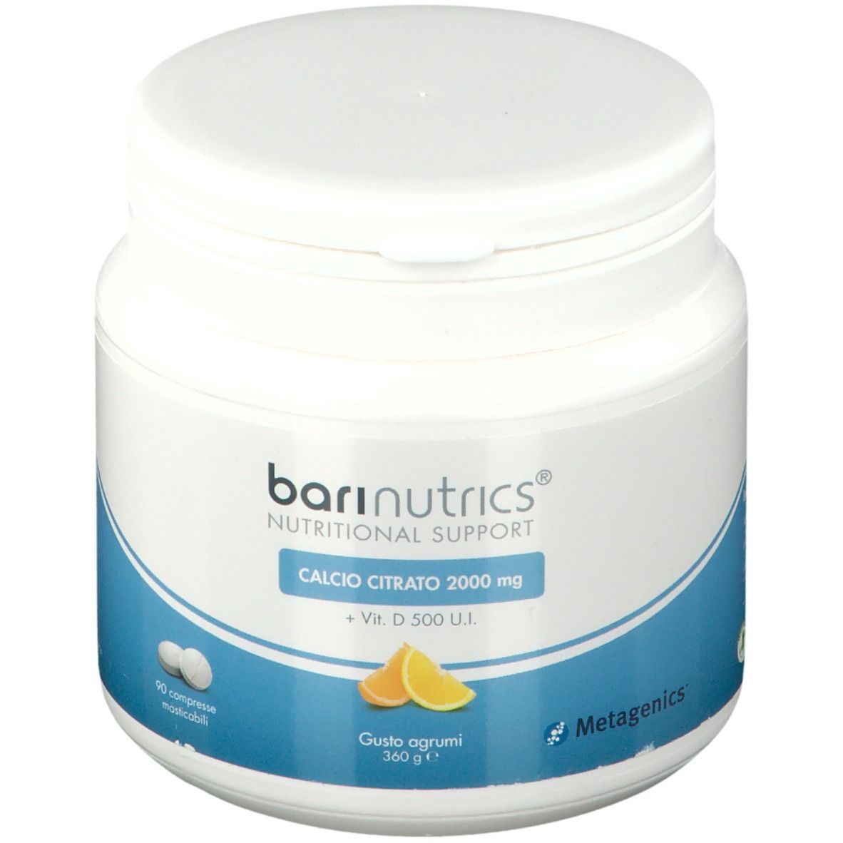 Contenitore bianco rotondo con etichetta blu. Scritta: BariNutrics, Calcio Citrato 2000 mg + Vit. D. 500 U.I. Con illustrazione di arance.