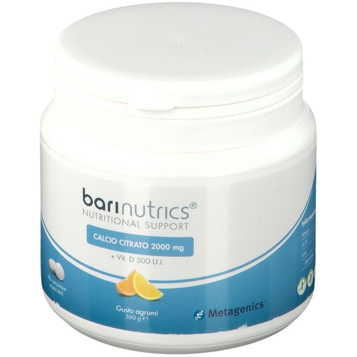 Contenitore bianco rotondo con etichetta blu. Scritta: BariNutrics, Calcio Citrato 2000 mg + Vit. D. 500 U.I. Con illustrazione di arance.