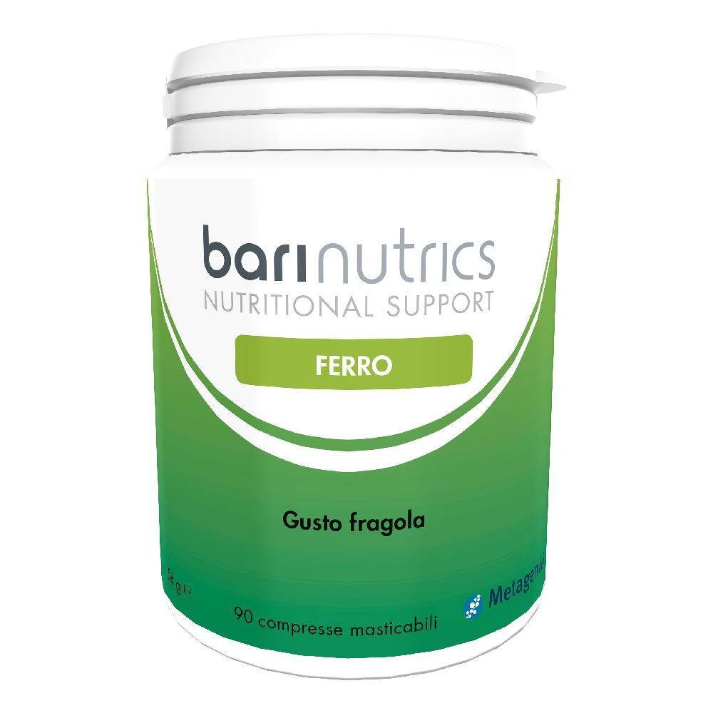 Contenitore bianco cilindrico con etichetta verde. Scritta: BariNutrics Ferro, 90 compresse masticabili, gusto fragola.