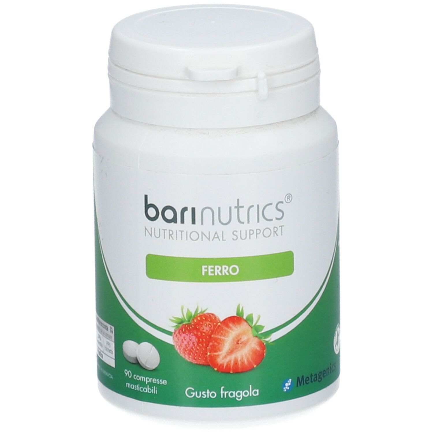 Contenitore bianco con etichetta verde. Scritta: BariNutrics Ferro, 90 compresse masticabili, gusto fragola. Immagine: fragole.