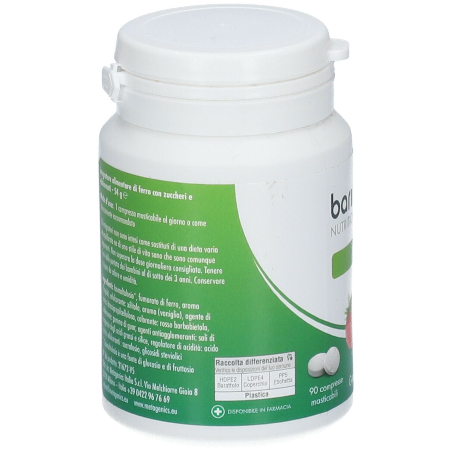 Retro del contenitore bianco con etichetta verde. Testo: ingredienti, modo d'uso, informazioni produttore.