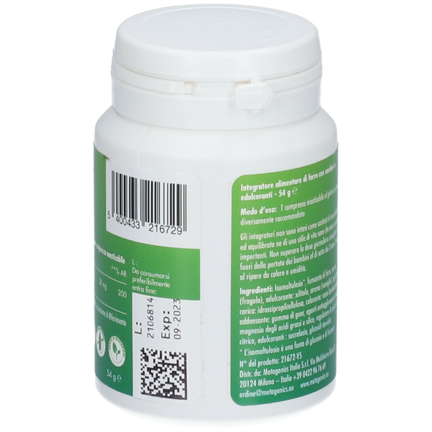 Contenitore bianco con etichetta verde. Testo: ingredienti, numero di lotto, data di scadenza, codice a barre.