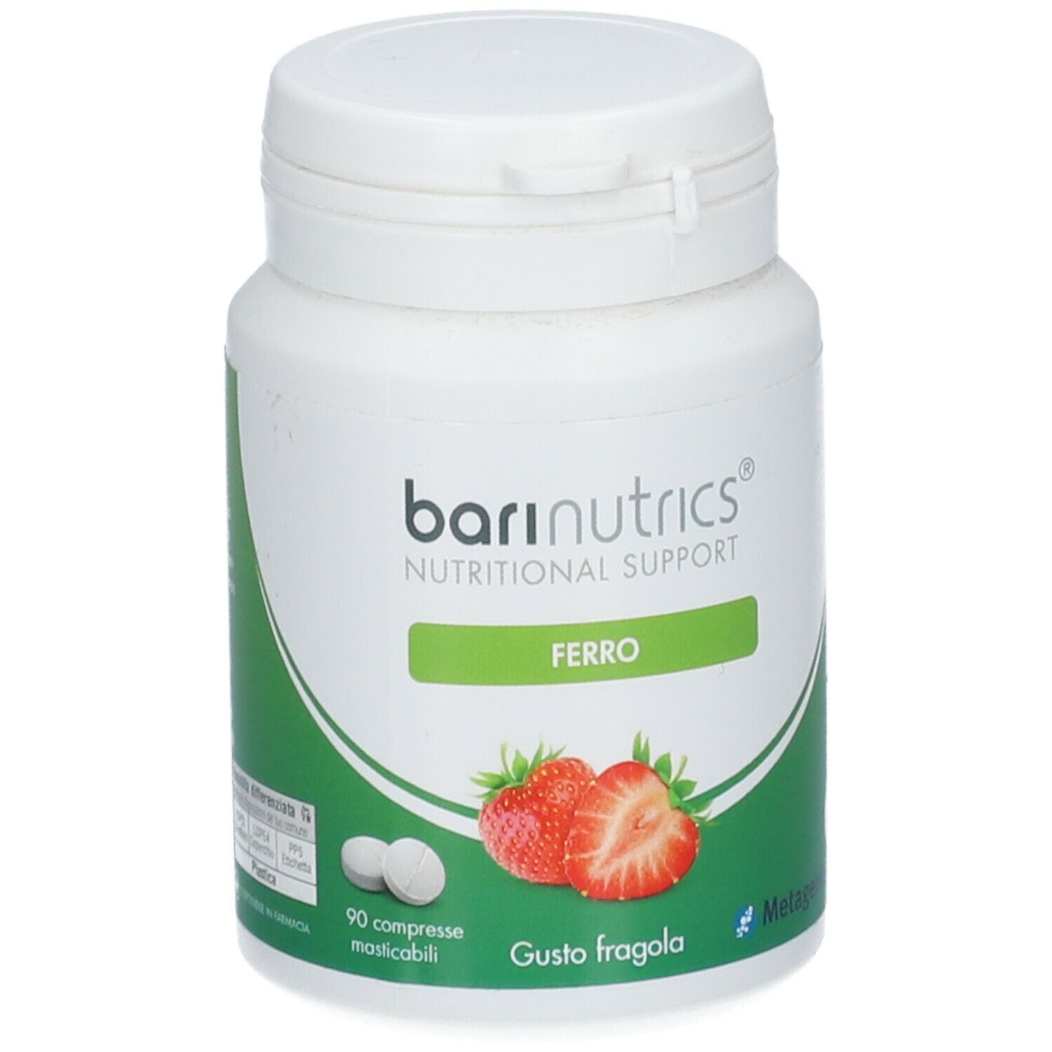 Contenitore bianco con etichetta verde. Scritta: BariNutrics Ferro, 90 compresse masticabili, gusto fragola. Immagine: fragole.