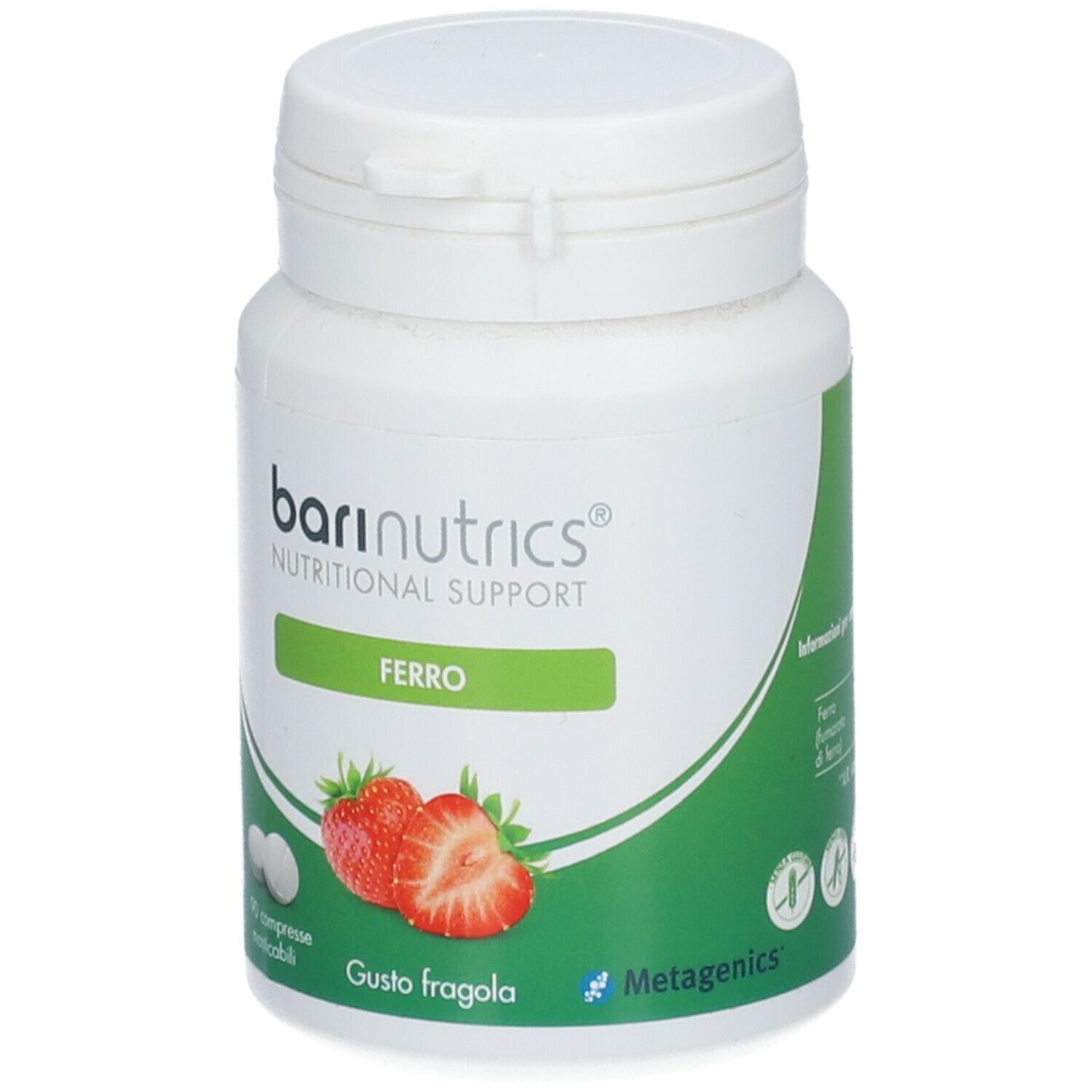 Contenitore bianco con etichetta verde. Scritta: BariNutrics Ferro, 90 compresse masticabili, gusto fragola. Immagine: fragole.