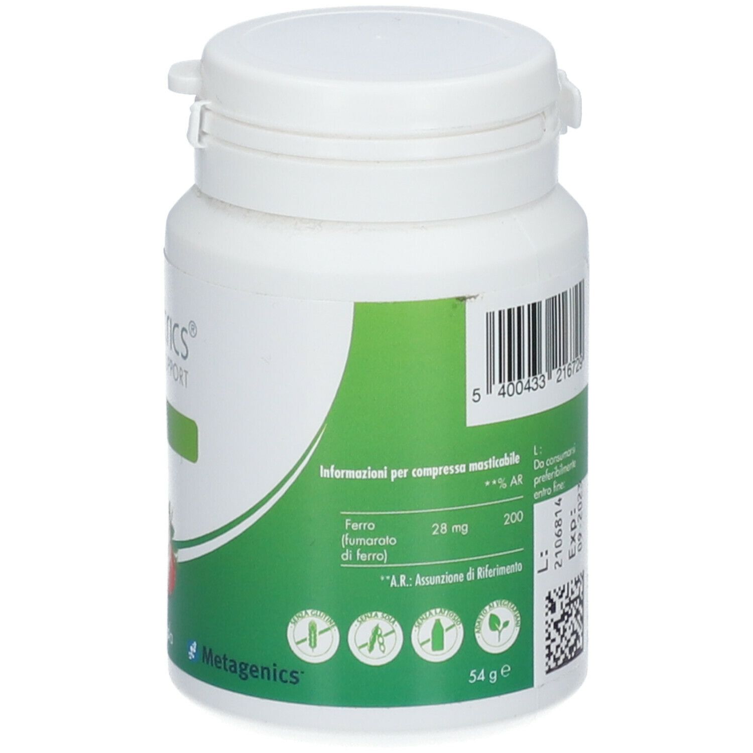 Retro del contenitore bianco con etichetta verde. Testo: informazioni nutrizionali, informazioni produttore, codice a barre.