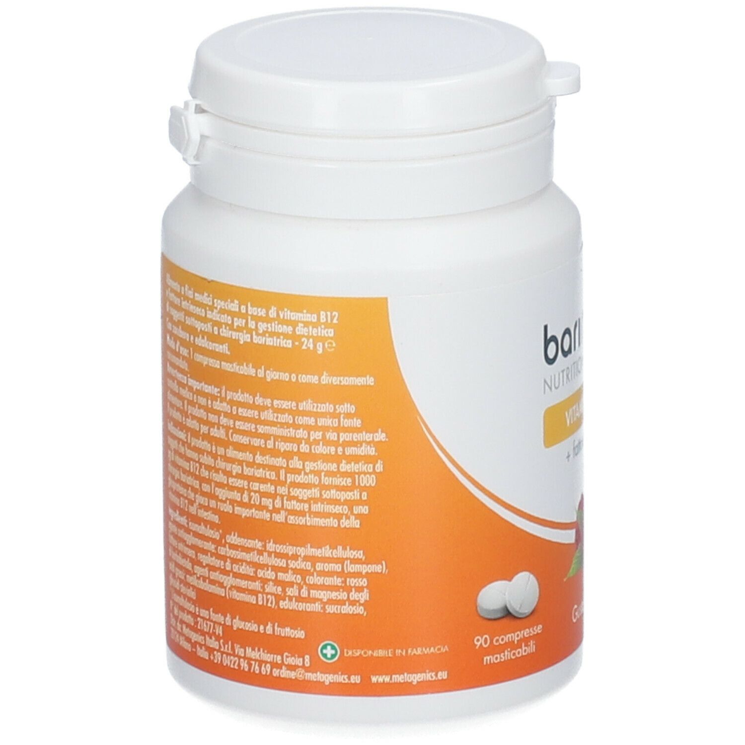 Flacone bianco con tappo a vite. Etichetta arancione con testo. Due compresse visibili.