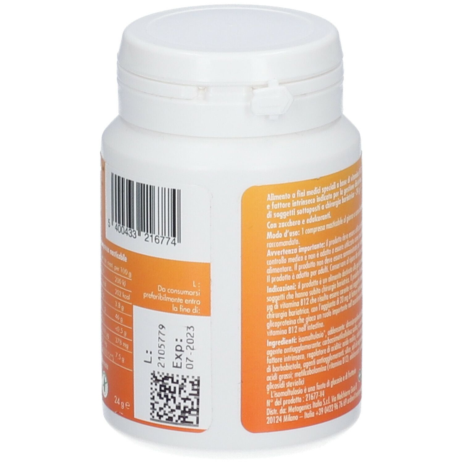 Flacone bianco con tappo a vite. Etichetta arancione con testo e codice a barre. Data di scadenza.