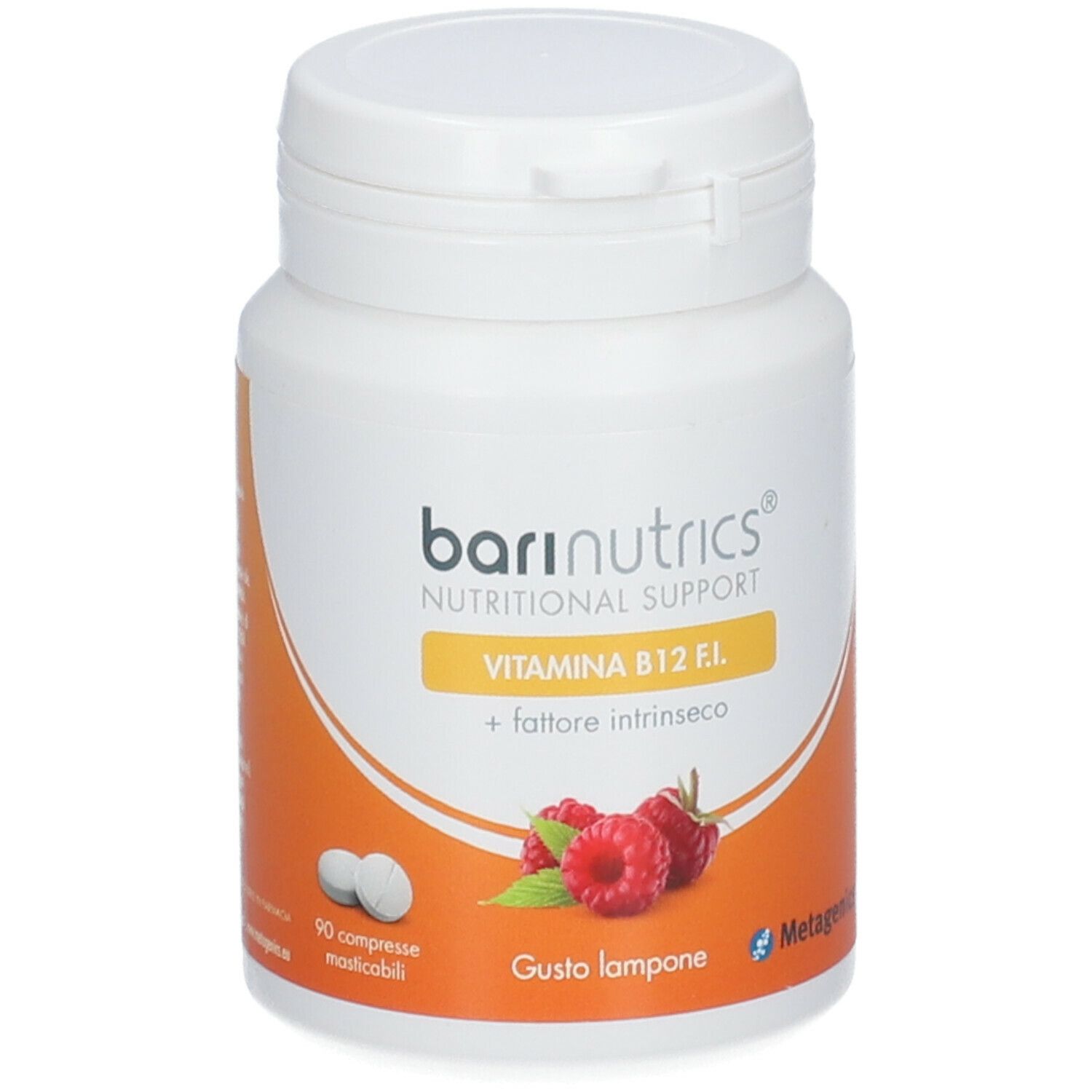 Flacone bianco con tappo a vite. Etichetta arancione con testo e lamponi. 90 compresse.