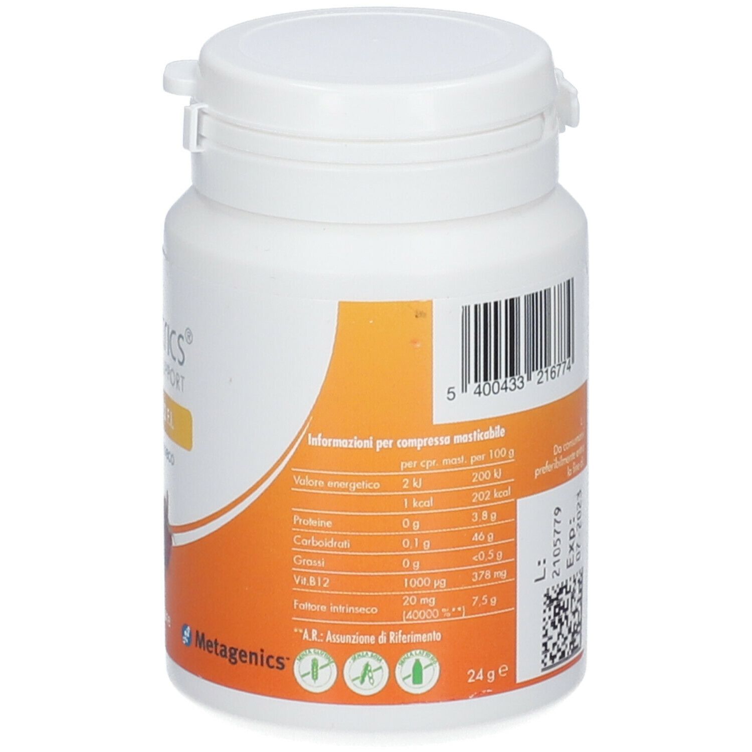 Flacone bianco con tappo a vite. Etichetta arancione con testo. Informazioni nutrizionali. Marchio Metagenics.