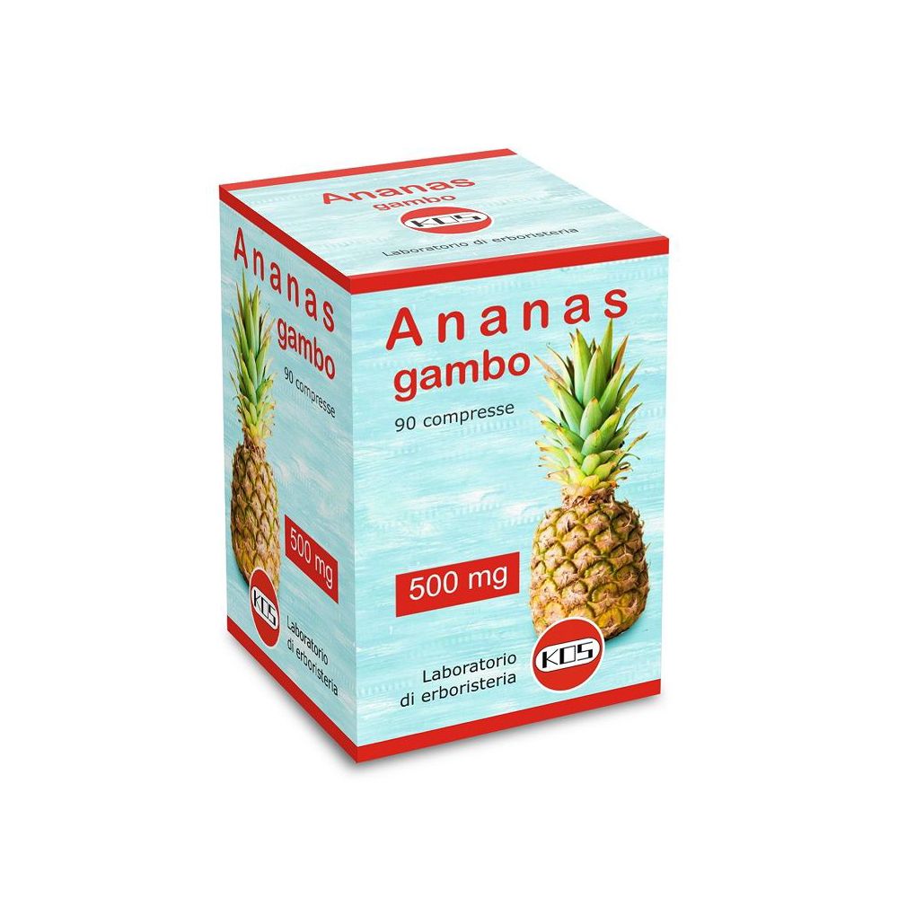 Scatola con 'Ananas gambo', 90 compresse, 500 mg. Immagine di ananas. Marchio KOS.