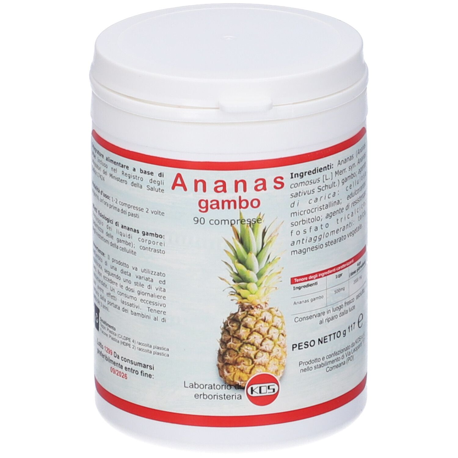 Barattolo bianco con coperchio. 'Ananas gambo', 90 compresse. Immagine ananas. Marchio KOS.