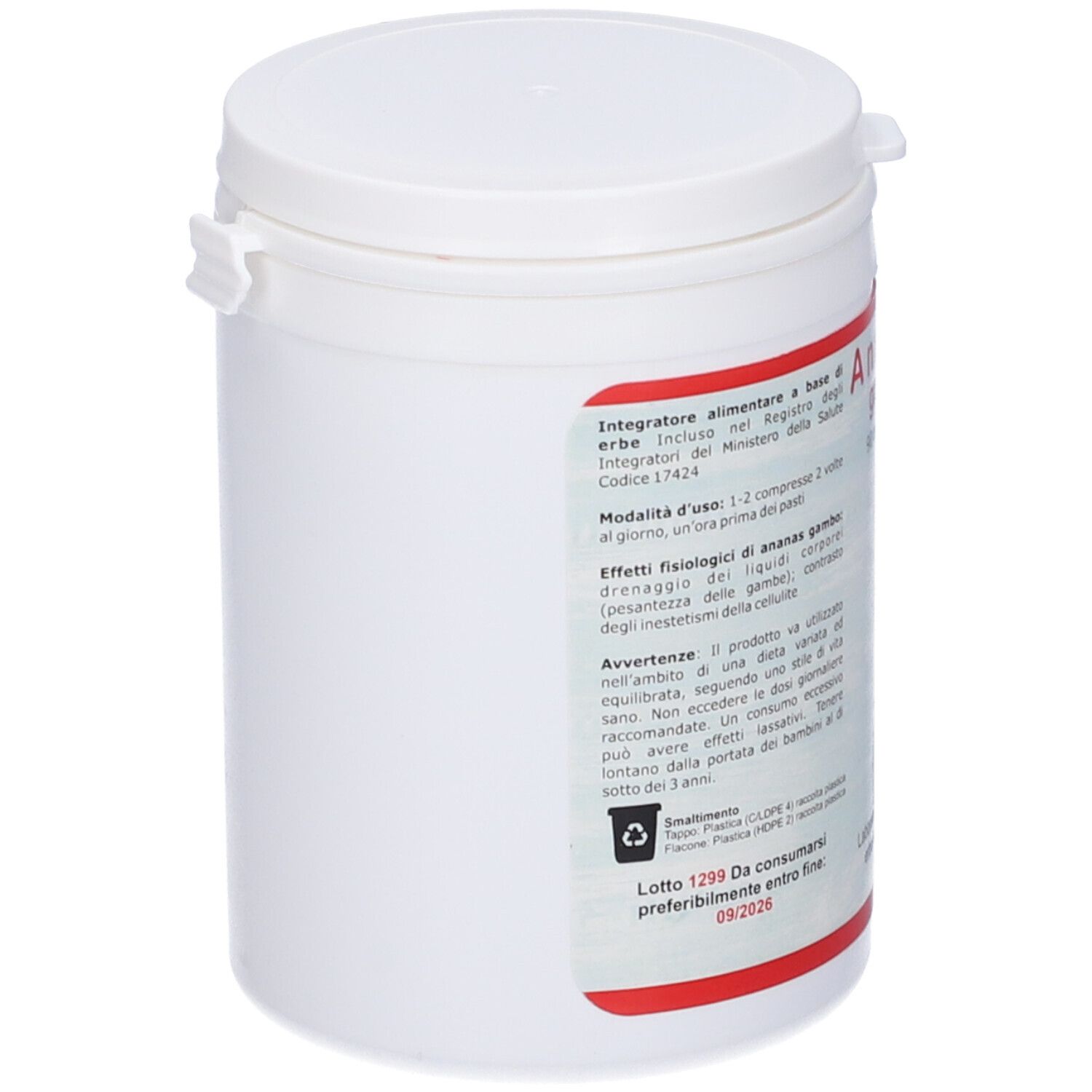 Barattolo bianco con coperchio. Adesivo rosso con testo. Simbolo di riciclaggio.