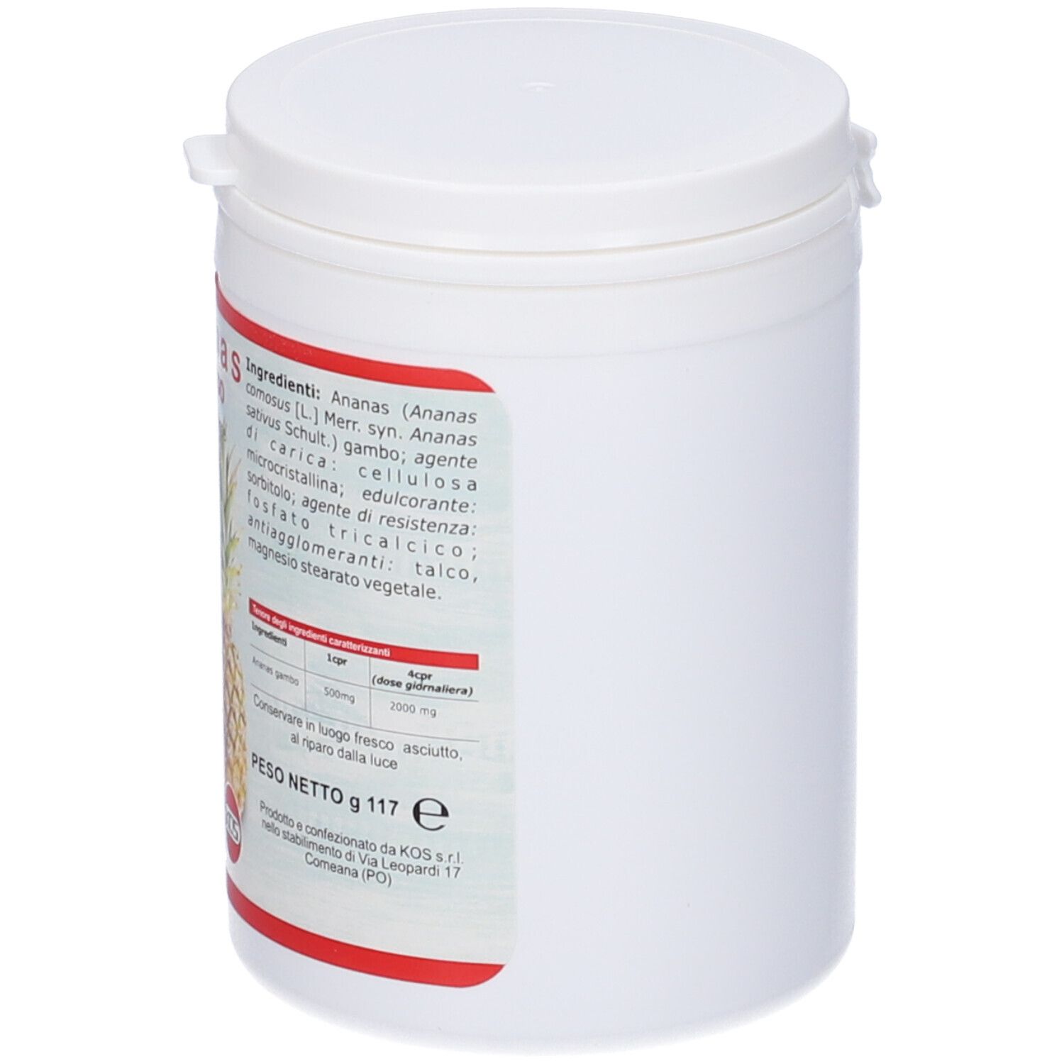 Barattolo bianco con coperchio. Adesivo con testo. Elenco ingredienti.