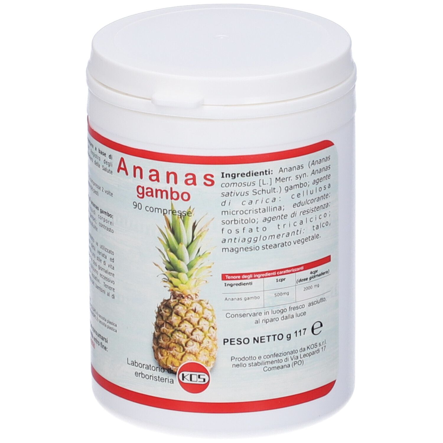 Barattolo bianco con coperchio. 'Ananas gambo', 90 compresse. Immagine ananas. Marchio KOS.