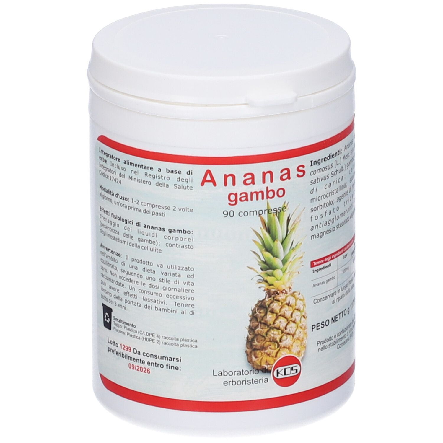 Barattolo bianco con coperchio. 'Ananas gambo', 90 compresse. Immagine ananas. Marchio KOS.