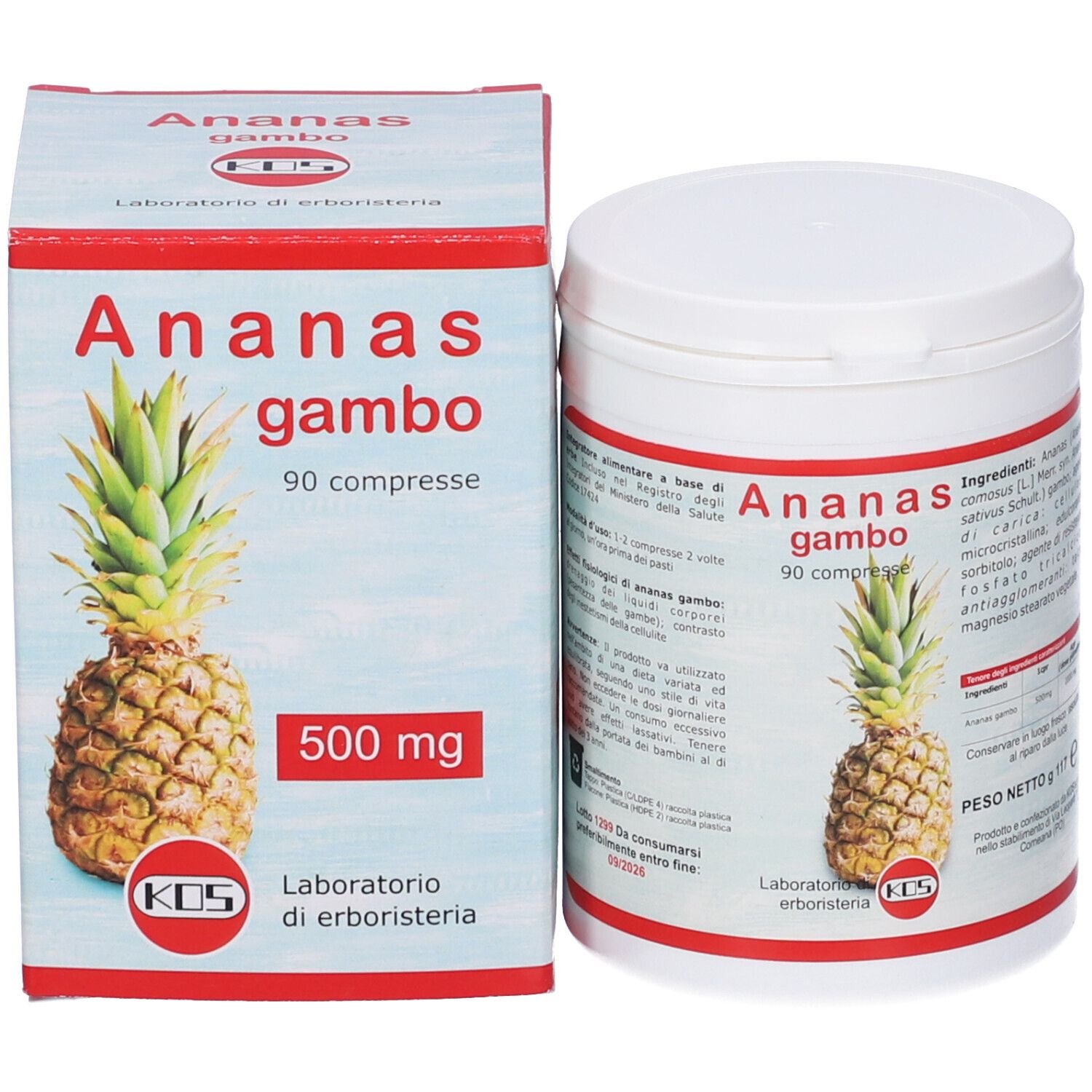 Scatola e barattolo. 'Ananas gambo', 90 compresse, 500 mg. Immagine ananas. Marchio KOS.
