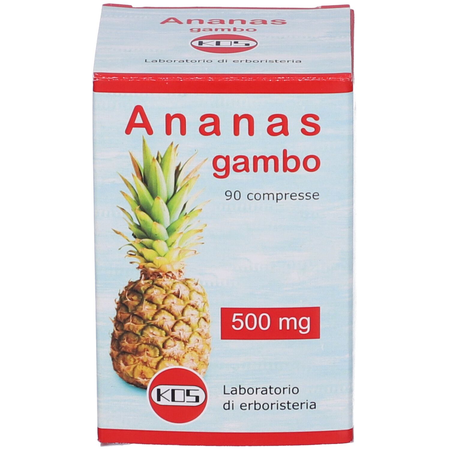 Scatola con 'Ananas gambo', 90 compresse, 500 mg. Immagine di ananas. Marchio KOS.