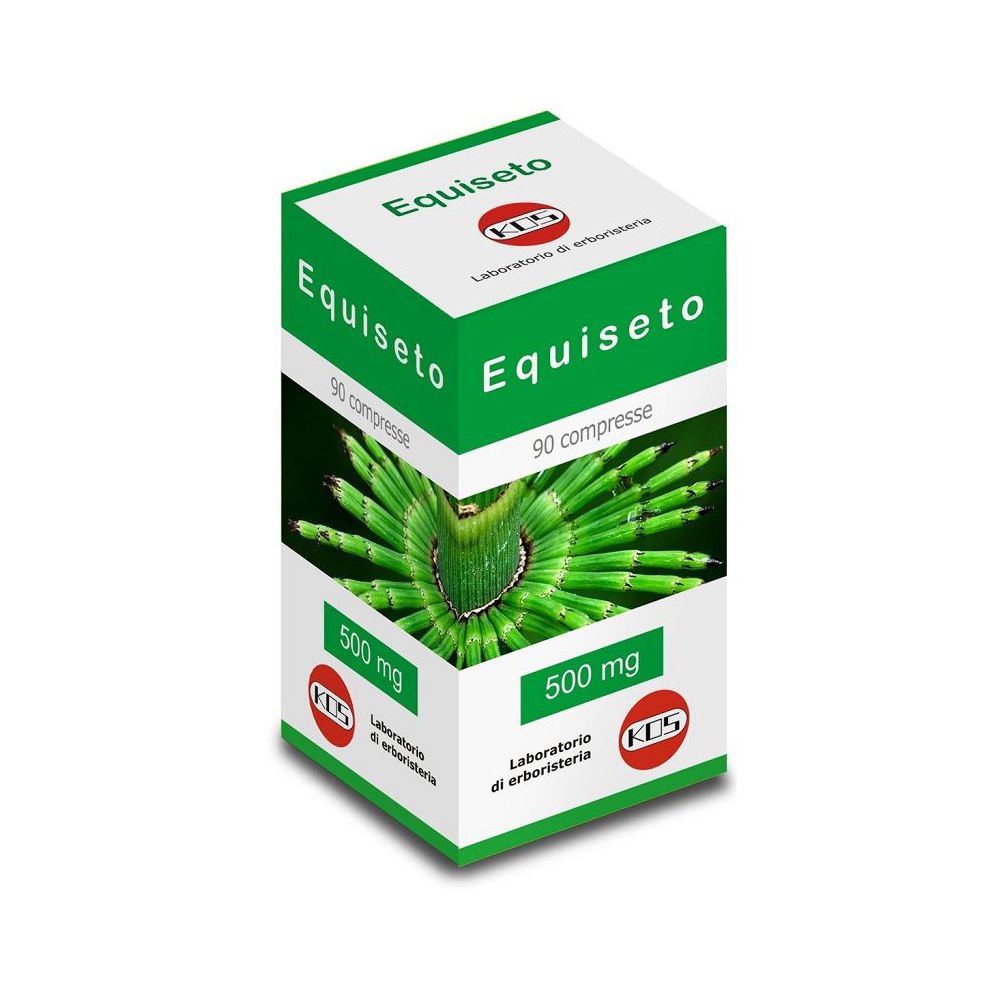 Boîte KOS Equiseto. Vert et blanc, avec nom du produit et 90 comprimés. 500 mg. Logo KOS.