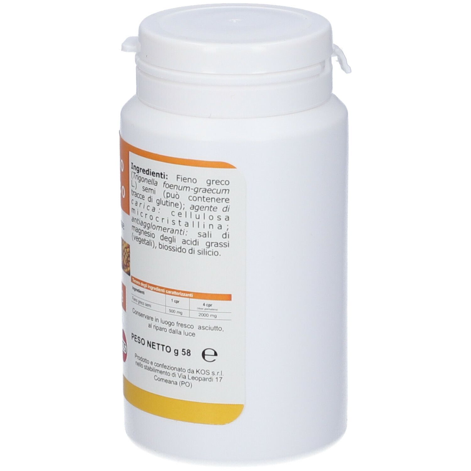 Flacone bianco con tappo a vite. Etichetta con ingredienti e informazioni nutrizionali. KOS Fieno Greco Compresse.