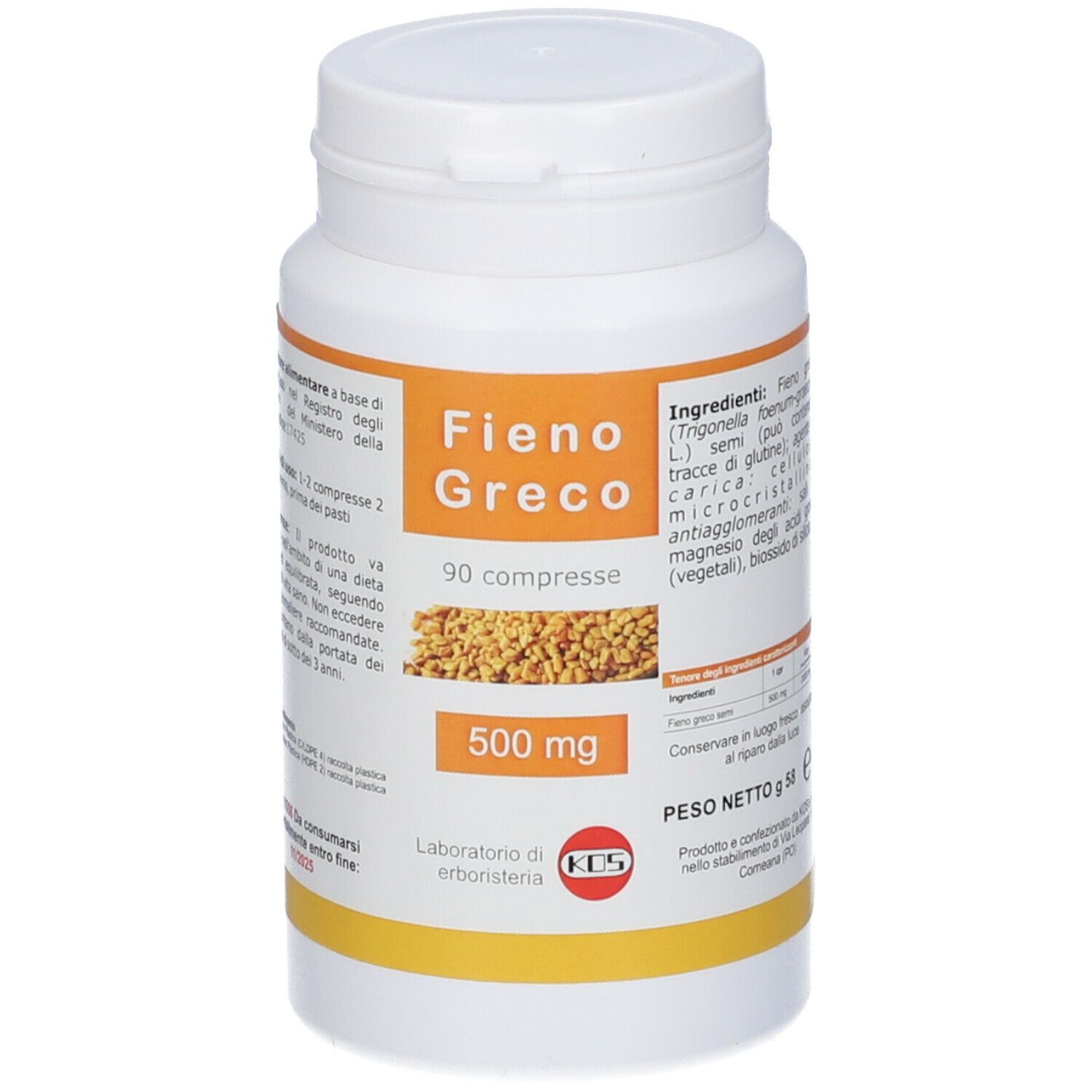 Flacone bianco con tappo a vite. Etichetta con informazioni sul prodotto. KOS Fieno Greco Compresse, 90 compresse, 500 mg.