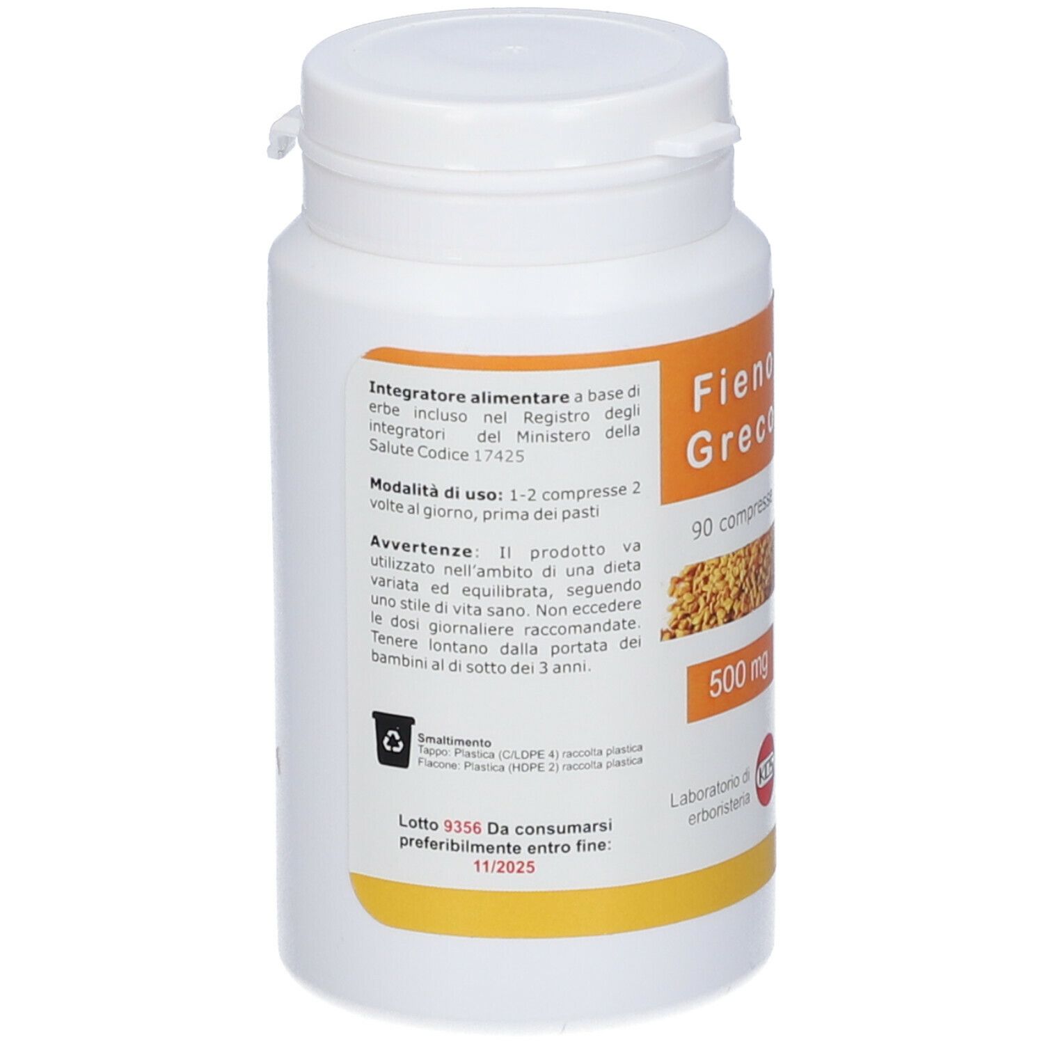 Flacone bianco con tappo a vite. Etichetta con informazioni sul prodotto. KOS Fieno Greco Compresse. Scadenza: 11/2025.