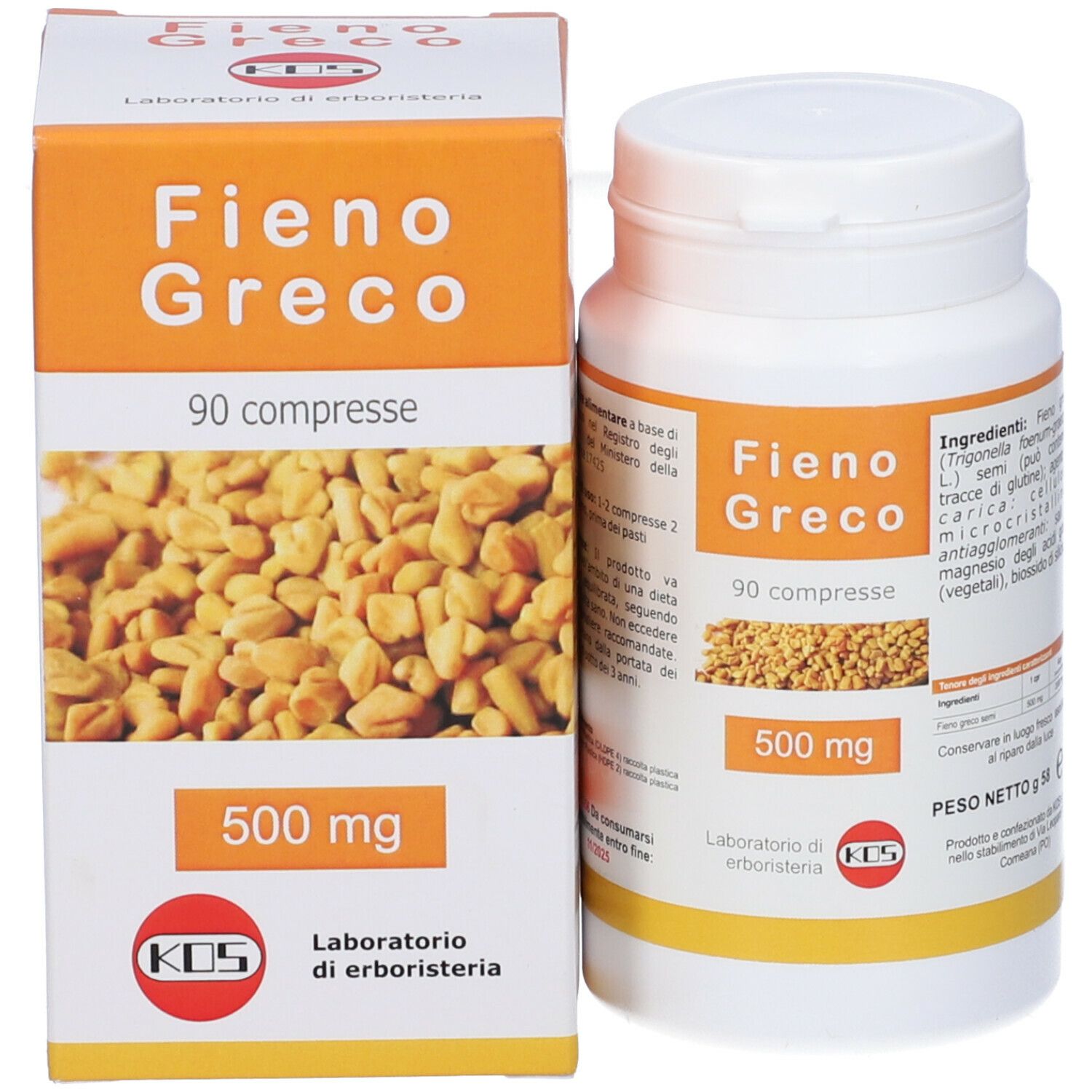 KOS Fieno Greco Compresse, flacone e scatola. Scatola arancione e bianca, flacone bianco con tappo a vite. 90 compresse, 500 mg.