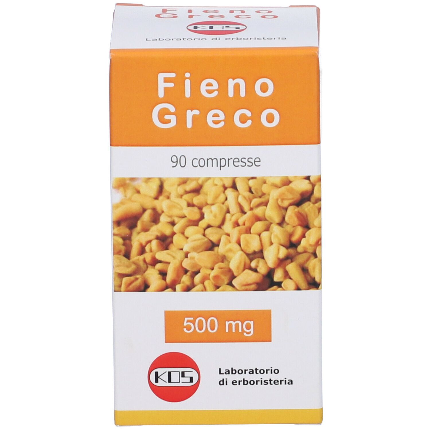 Scatola KOS Fieno Greco Compresse. Scatola arancione e bianca con nome prodotto, 90 compresse, 500 mg. Logo KOS.