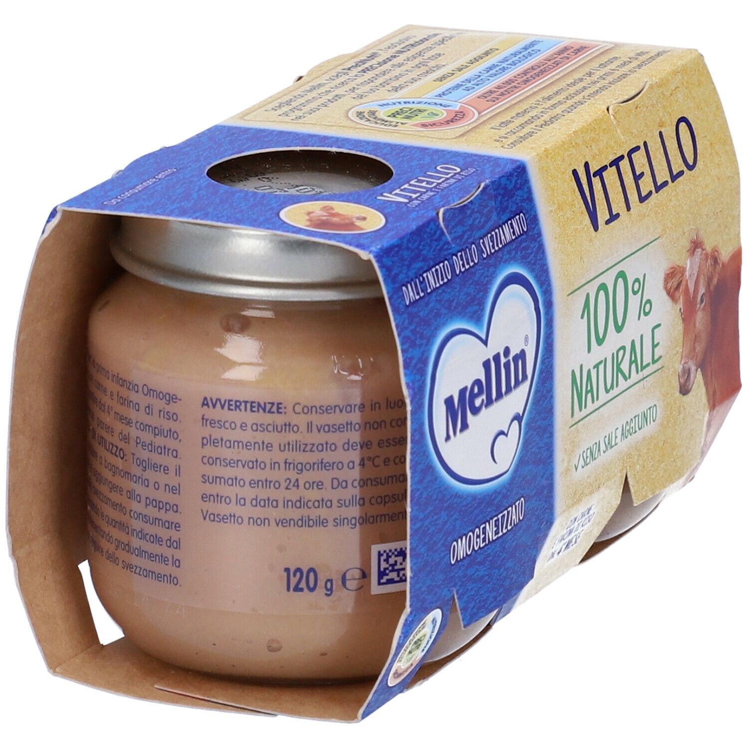 Vasetto di omogeneizzato Mellin Vitello. Scritta: 100% Naturale. Confezione con due vasetti.