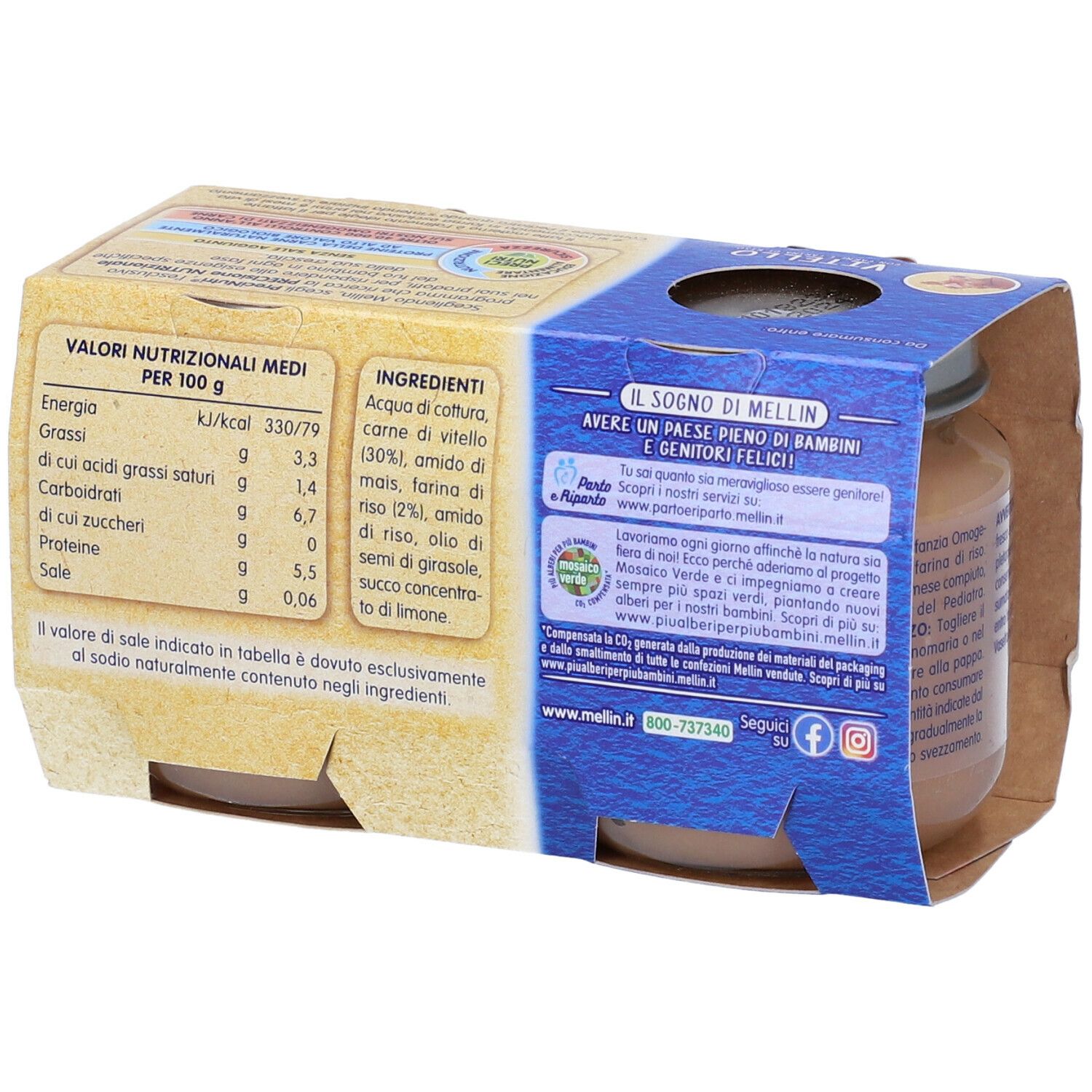 Retro della confezione con valori nutrizionali e lista ingredienti. Scritta: Vitello, Mellin.