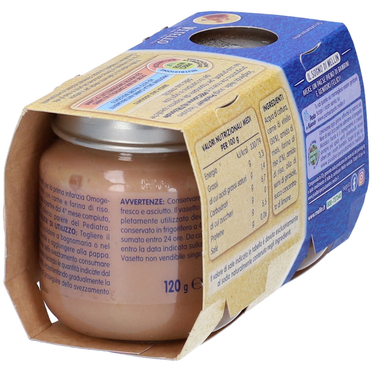Vasetto di omogeneizzato Mellin Vitello. Scritta: 100% Naturale. Confezione con due vasetti.