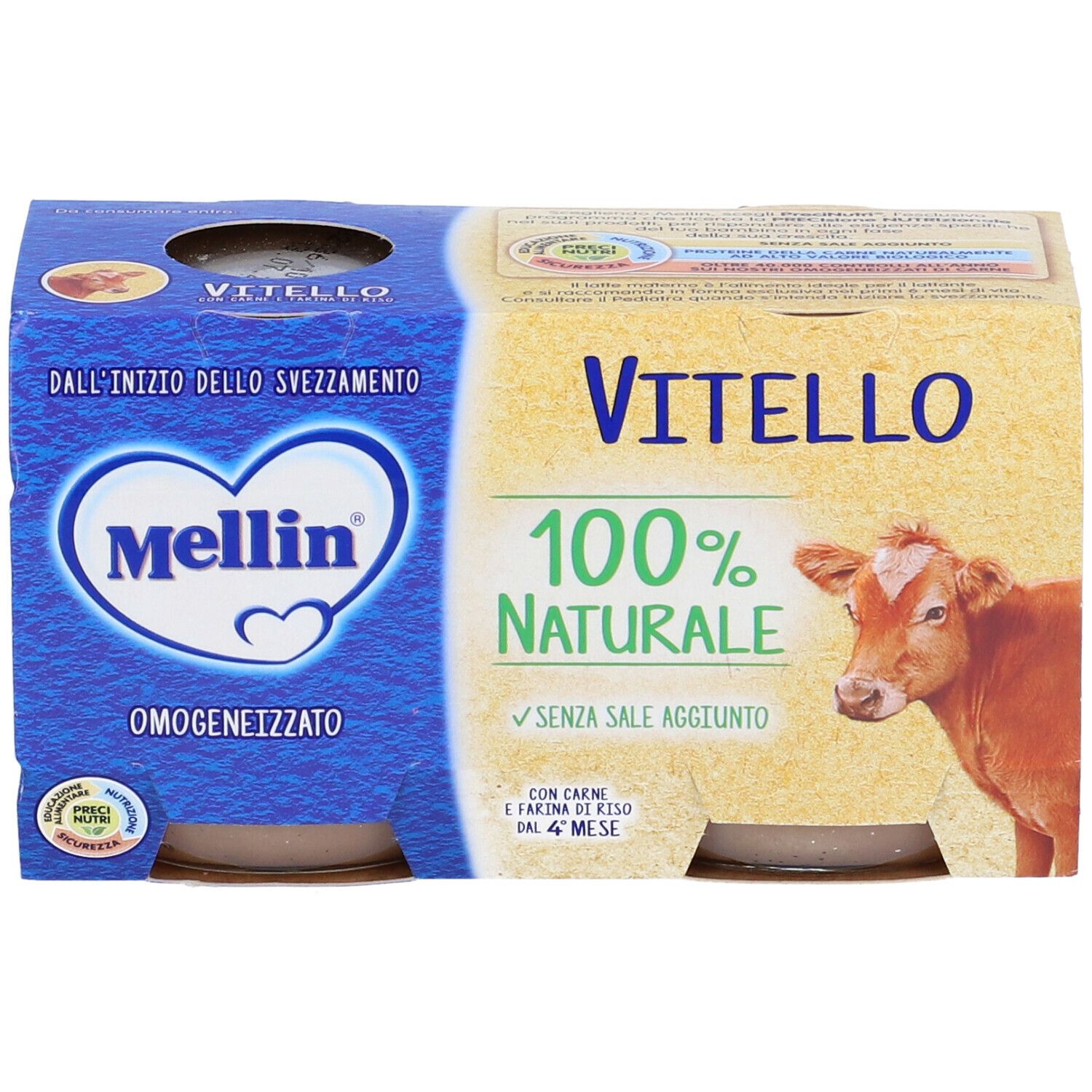 Confezione di omogeneizzato Mellin Vitello. Scritta: 100% Naturale, senza sale aggiunto. Confezione da due vasetti.